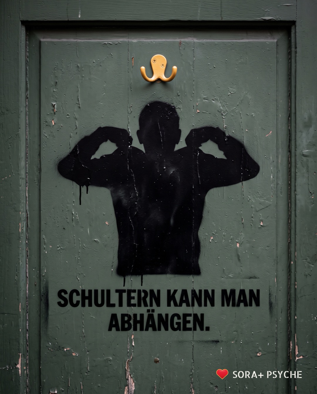 Wand mit schwarzem Stencil, Signatur SORA+ PSYCHE: „SCHULTERN KANN MAN ABHÄNGEN.“
