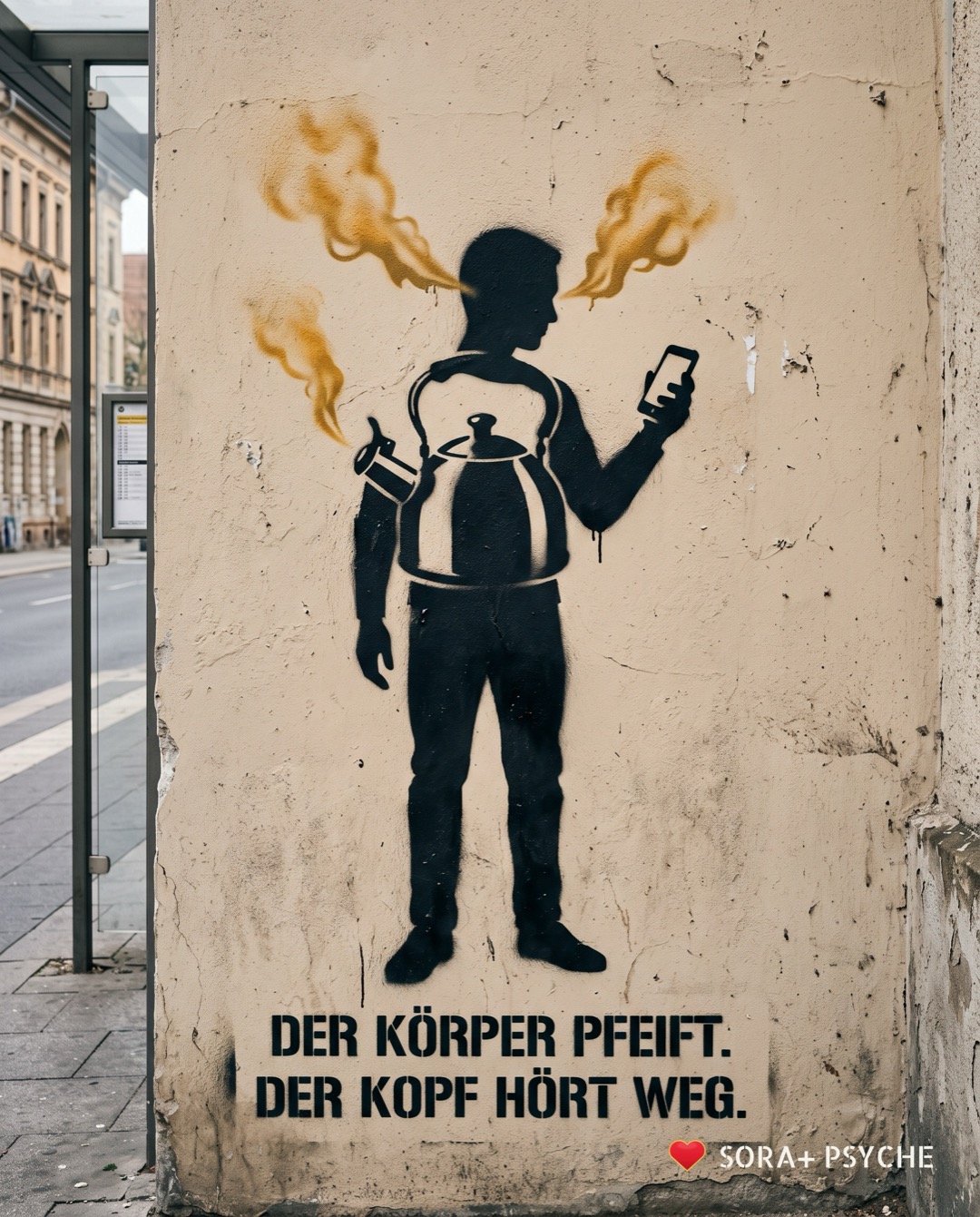 Wand mit schwarzem Stencil, Signatur SORA+ PSYCHE: „DER KÖRPER PFEIFT. DER KOPF HÖRT WEG.“