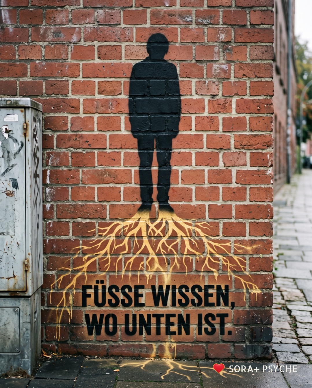 Wand mit schwarzem Stencil, Signatur SORA+ PSYCHE: „FÜSSE WISSEN, WO UNTEN IST.“