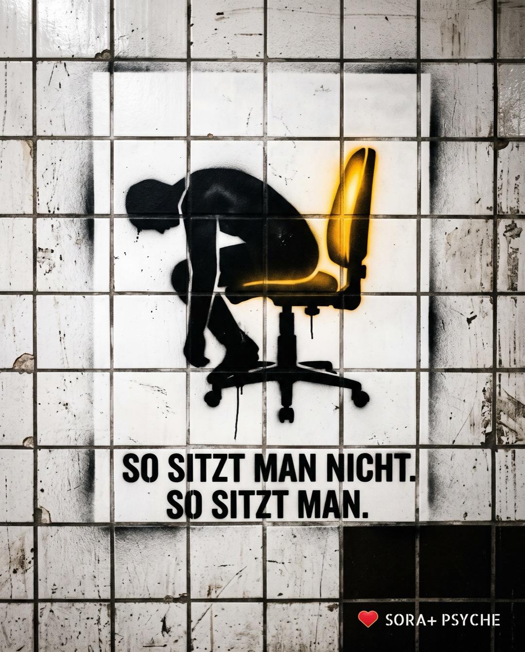 Wand mit schwarzem Stencil, Signatur SORA+ PSYCHE: „SO SITZT MAN NICHT. SO SITZT MAN.“