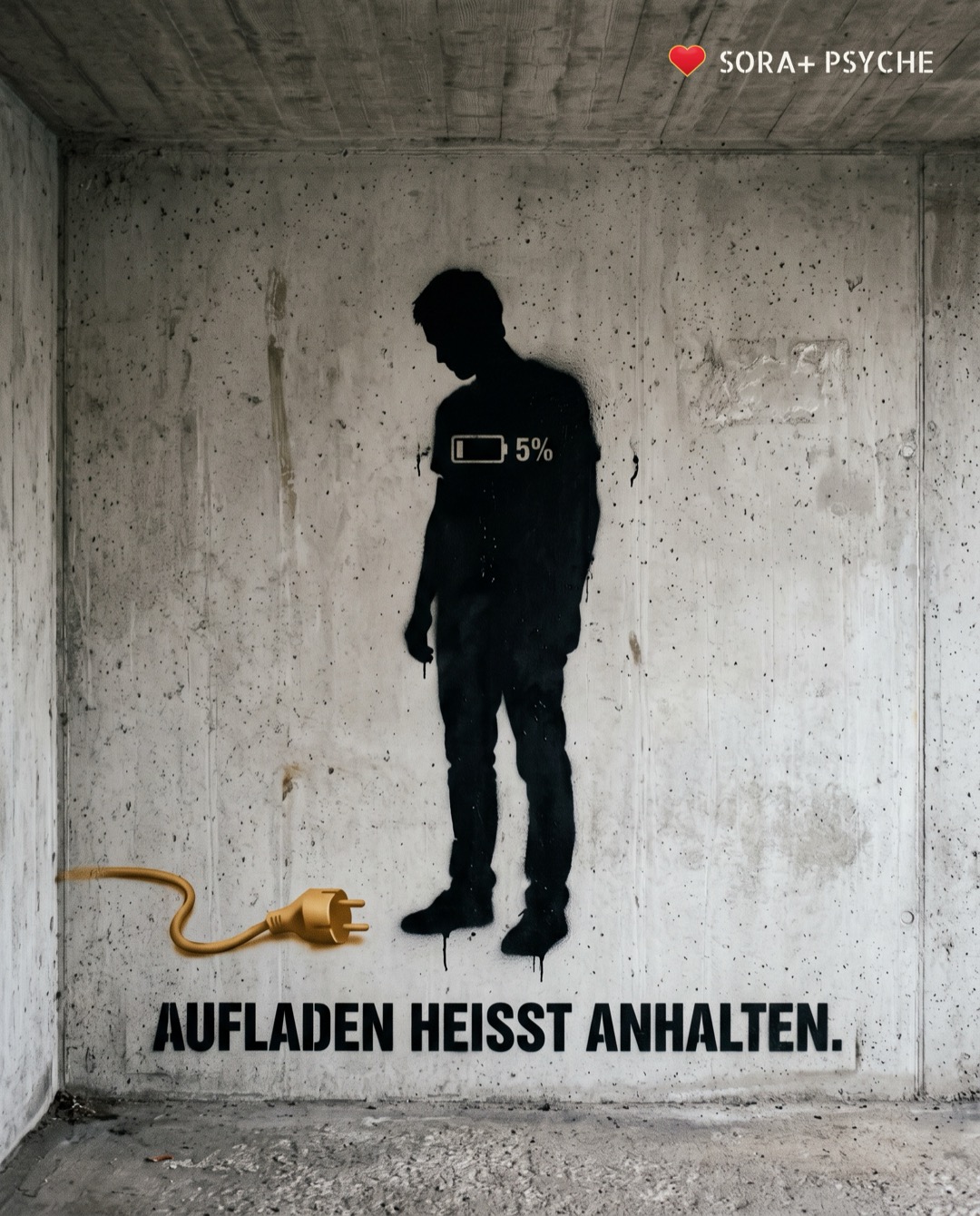 Wand mit schwarzem Stencil, Signatur SORA+ PSYCHE: „AUFLADEN HEISST ANHALTEN.“