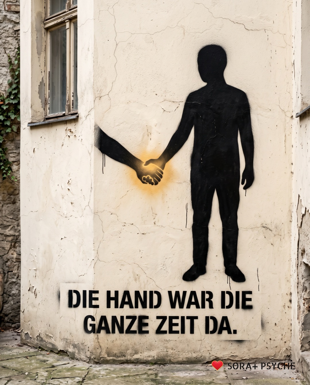 Wand mit schwarzem Stencil, Signatur SORA+ PSYCHE: „DIE HAND WAR DIE GANZE ZEIT DA.“