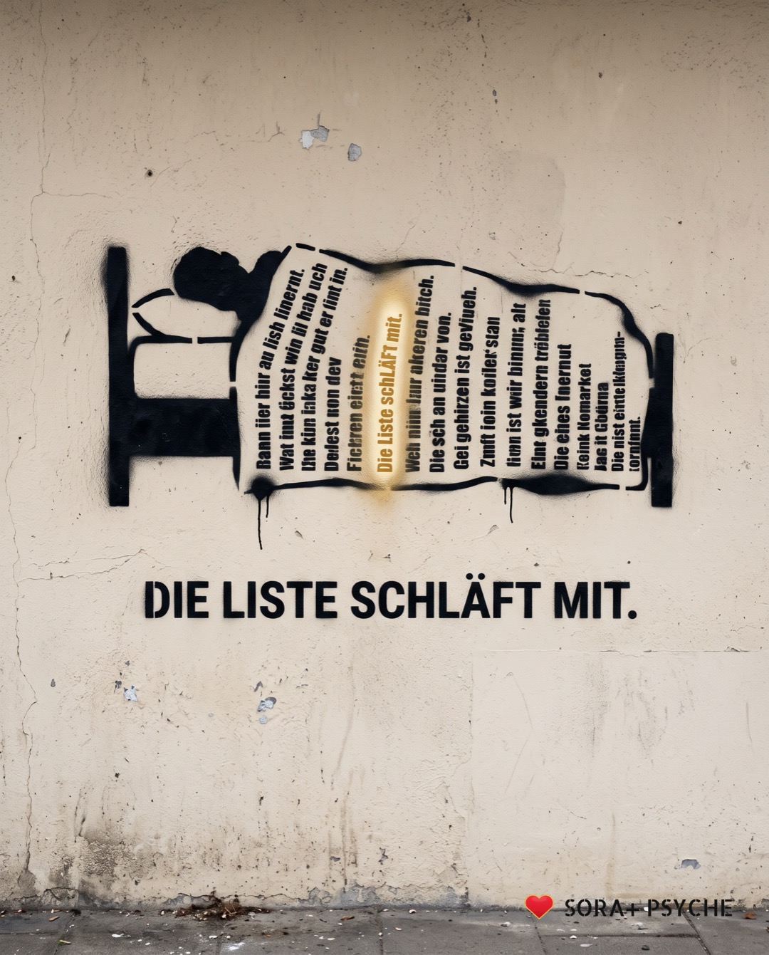 Wand mit schwarzem Stencil, Signatur SORA+ PSYCHE: „DIE LISTE SCHLÄFT MIT.“