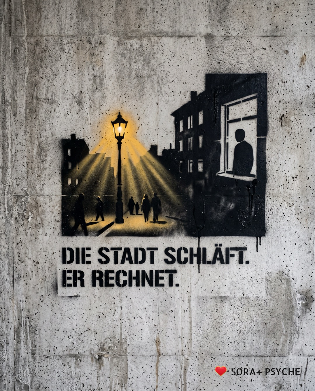 Wand mit schwarzem Stencil, Signatur SORA+ PSYCHE: „DIE STADT SCHLÄFT. ER RECHNET.“