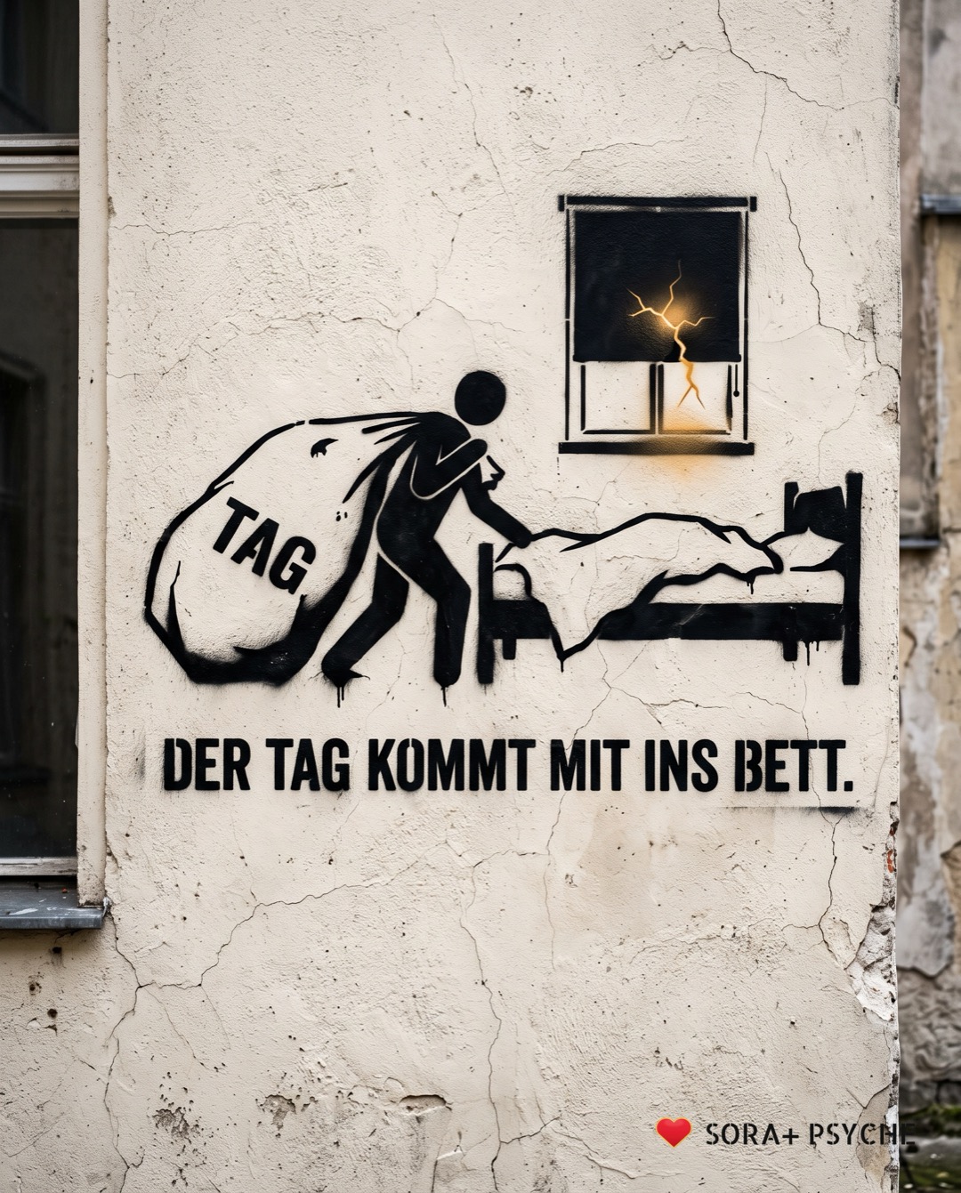 Wand mit schwarzem Stencil, Signatur SORA+ PSYCHE: „DER TAG KOMMT MIT INS BETT.“
