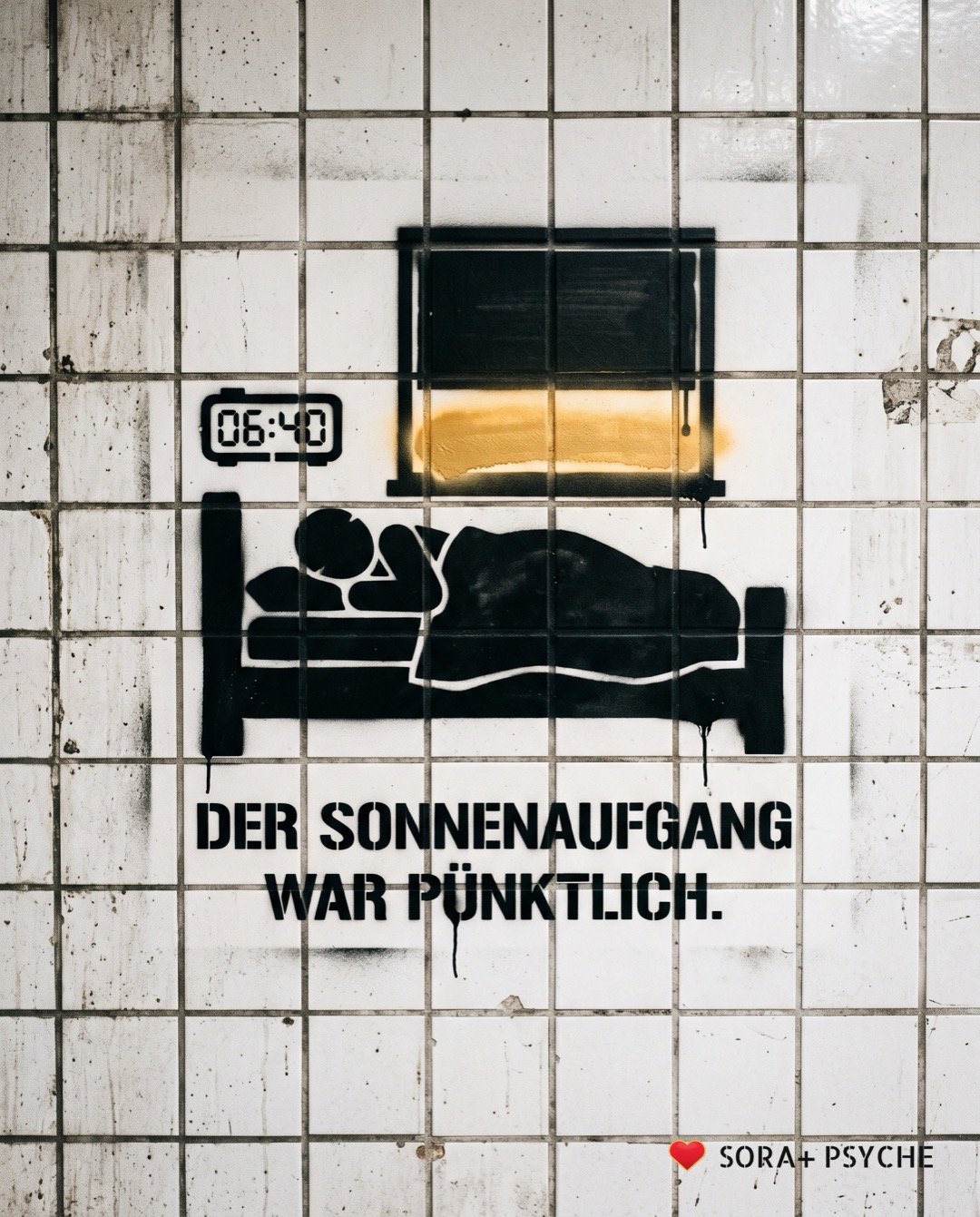 Wand mit schwarzem Stencil, Signatur SORA+ PSYCHE: „DER SONNENAUFGANG WAR PÜNKTLICH.“