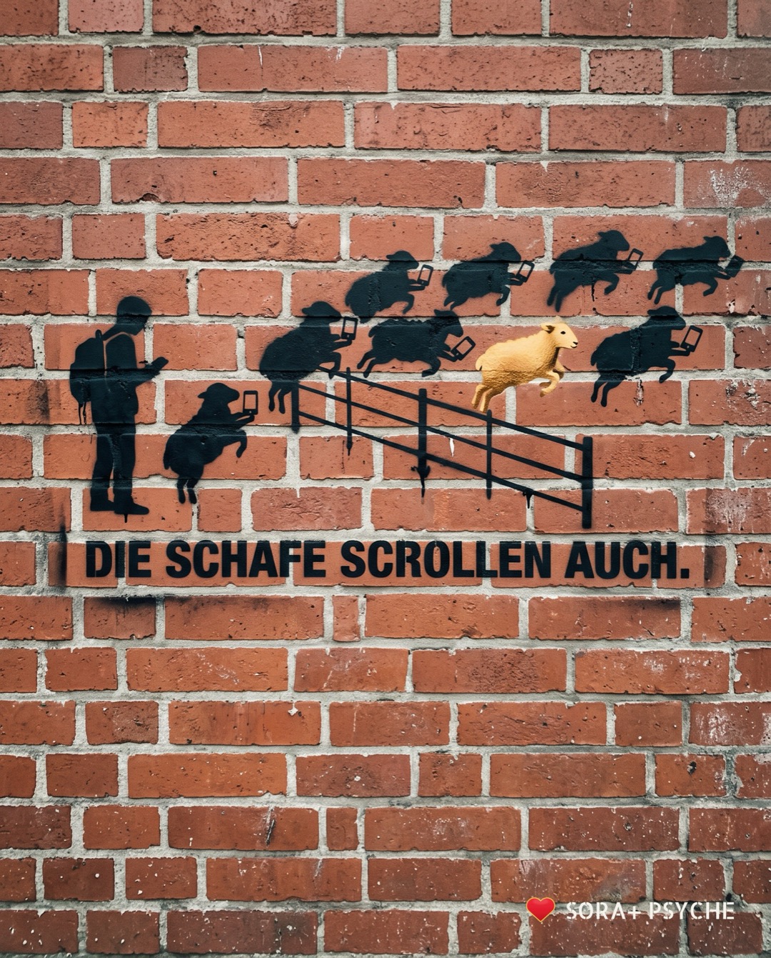 Wand mit schwarzem Stencil, Signatur SORA+ PSYCHE: „DIE SCHAFE SCROLLEN AUCH.“