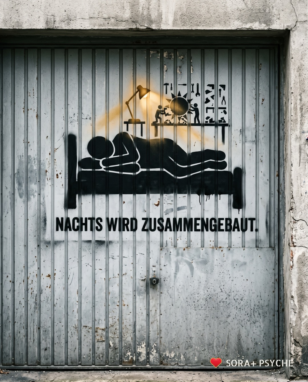 Wand mit schwarzem Stencil, Signatur SORA+ PSYCHE: „NACHTS WIRD ZUSAMMENGEBAUT.“