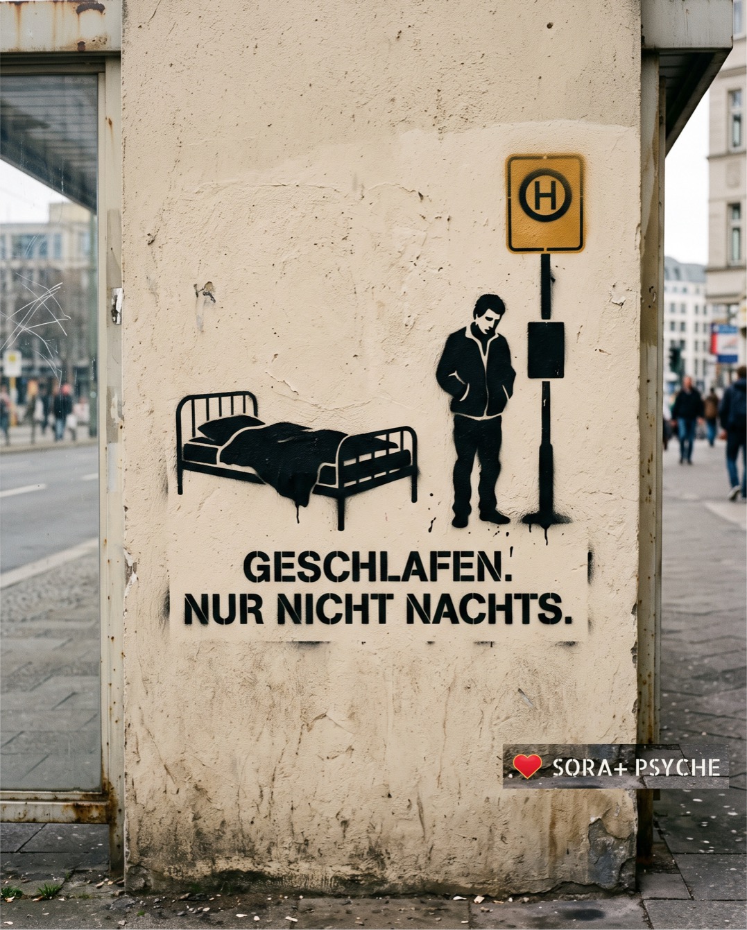 Wand mit schwarzem Stencil, Signatur SORA+ PSYCHE: „GESCHLAFEN. NUR NICHT NACHTS.“
