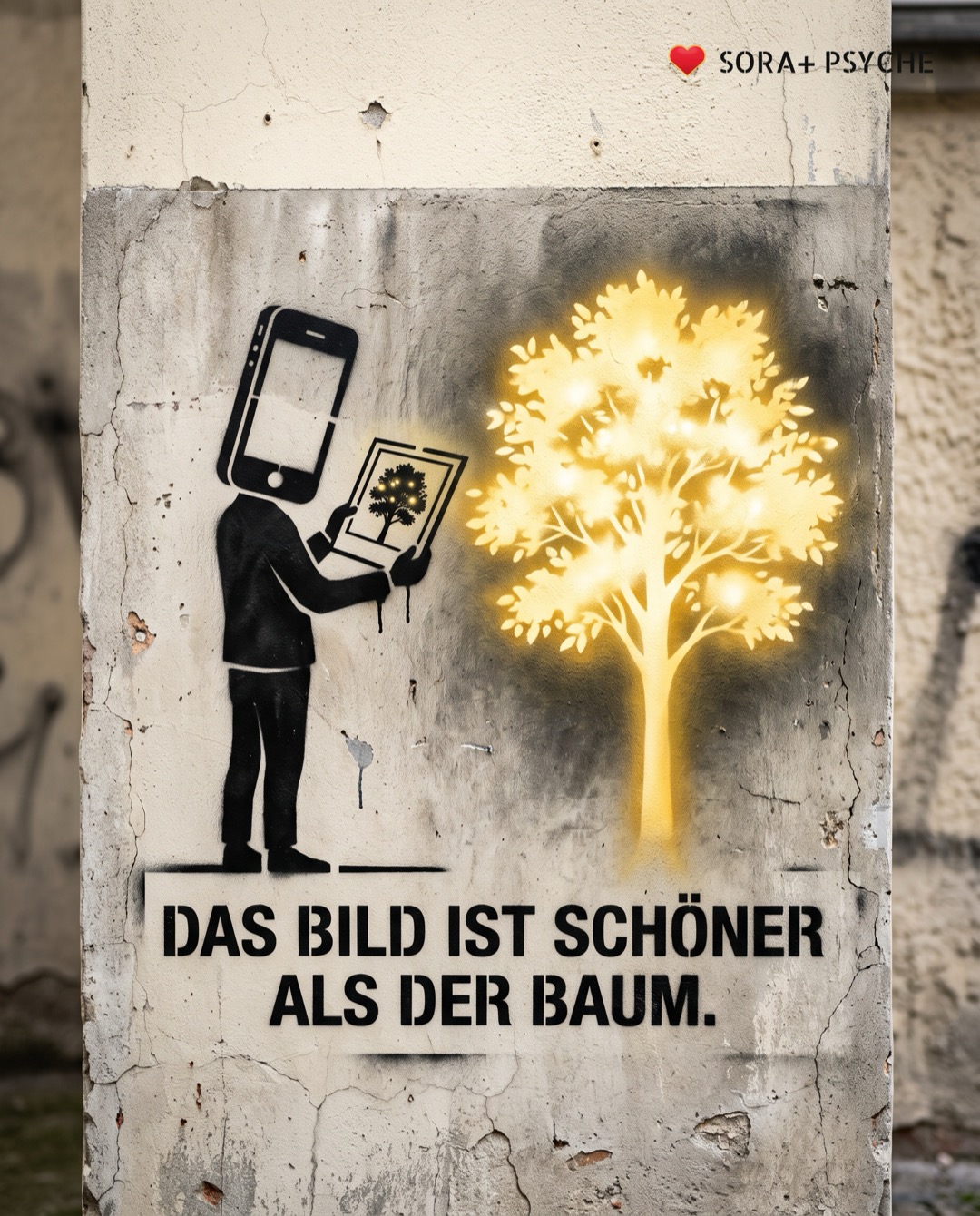 Wand mit schwarzem Stencil, Signatur SORA+ PSYCHE: „DAS BILD IST SCHÖNER ALS DER BAUM.“