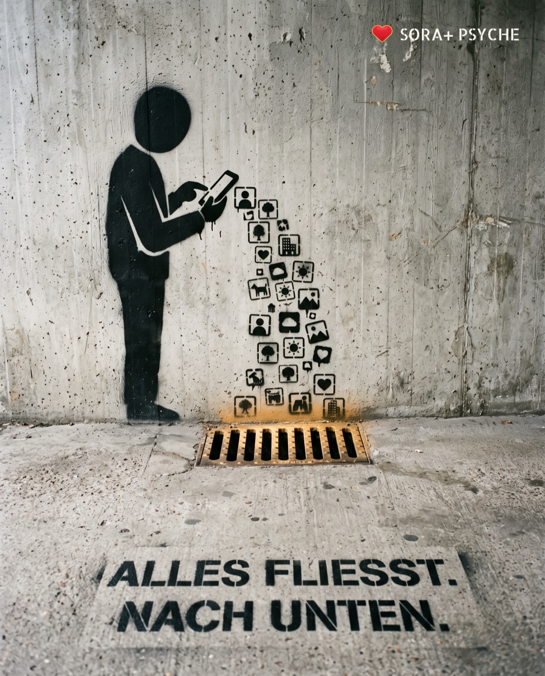 Wand mit schwarzem Stencil, Signatur SORA+ PSYCHE: „ALLES FLIESST. NACH UNTEN.“