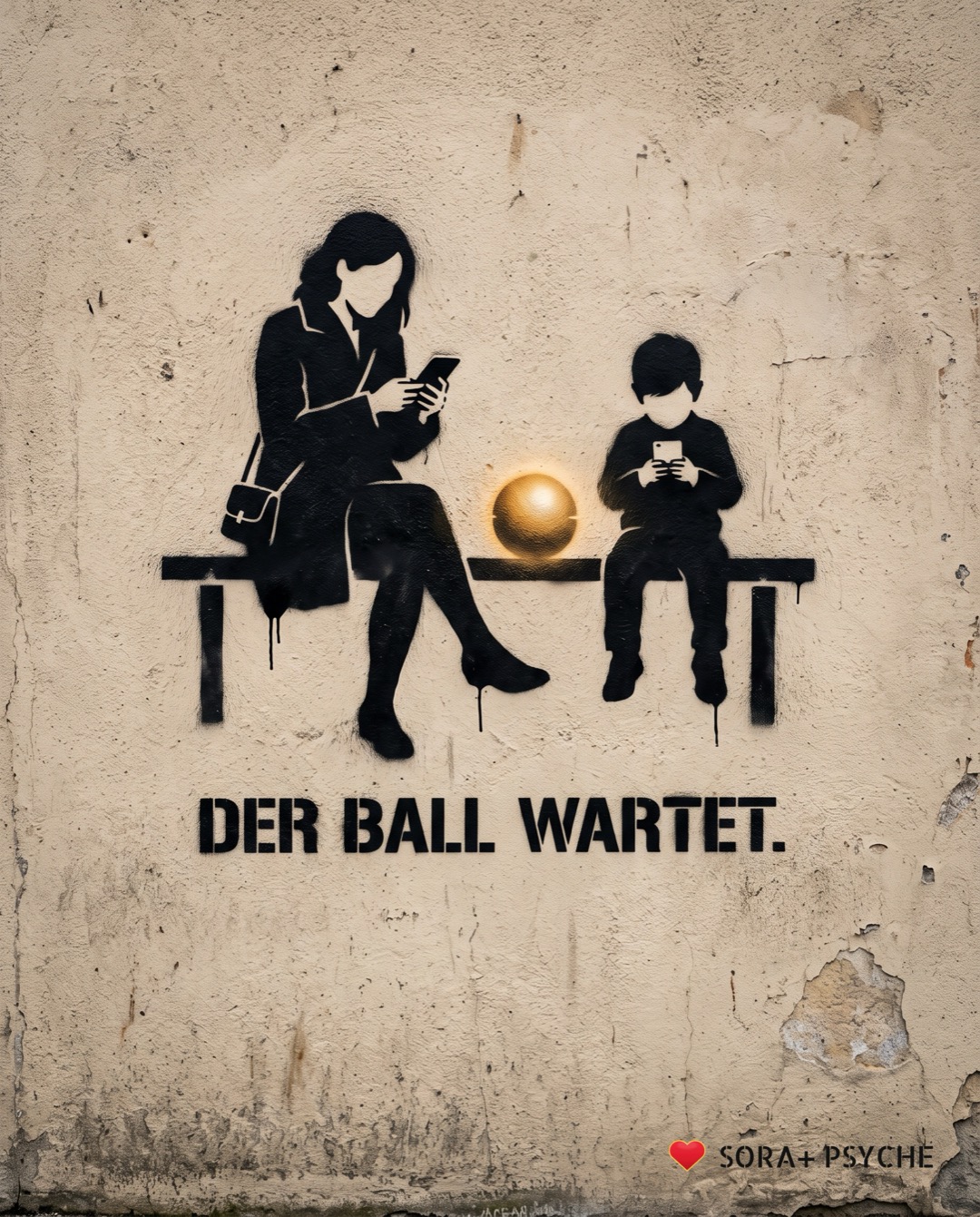 Wand mit schwarzem Stencil, Signatur SORA+ PSYCHE: „DER BALL WARTET.“