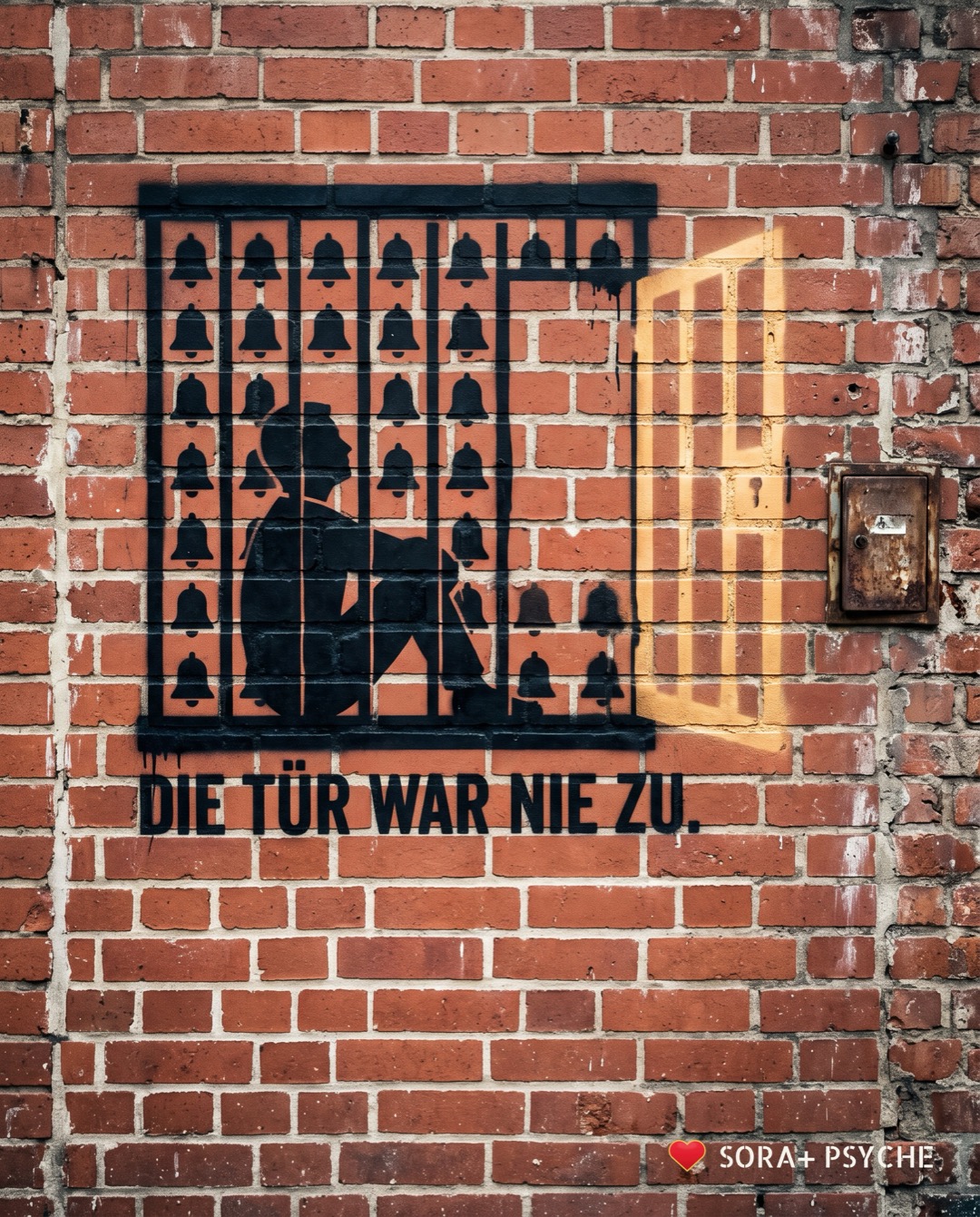 Wand mit schwarzem Stencil, Signatur SORA+ PSYCHE: „DIE TÜR WAR NIE ZU.“