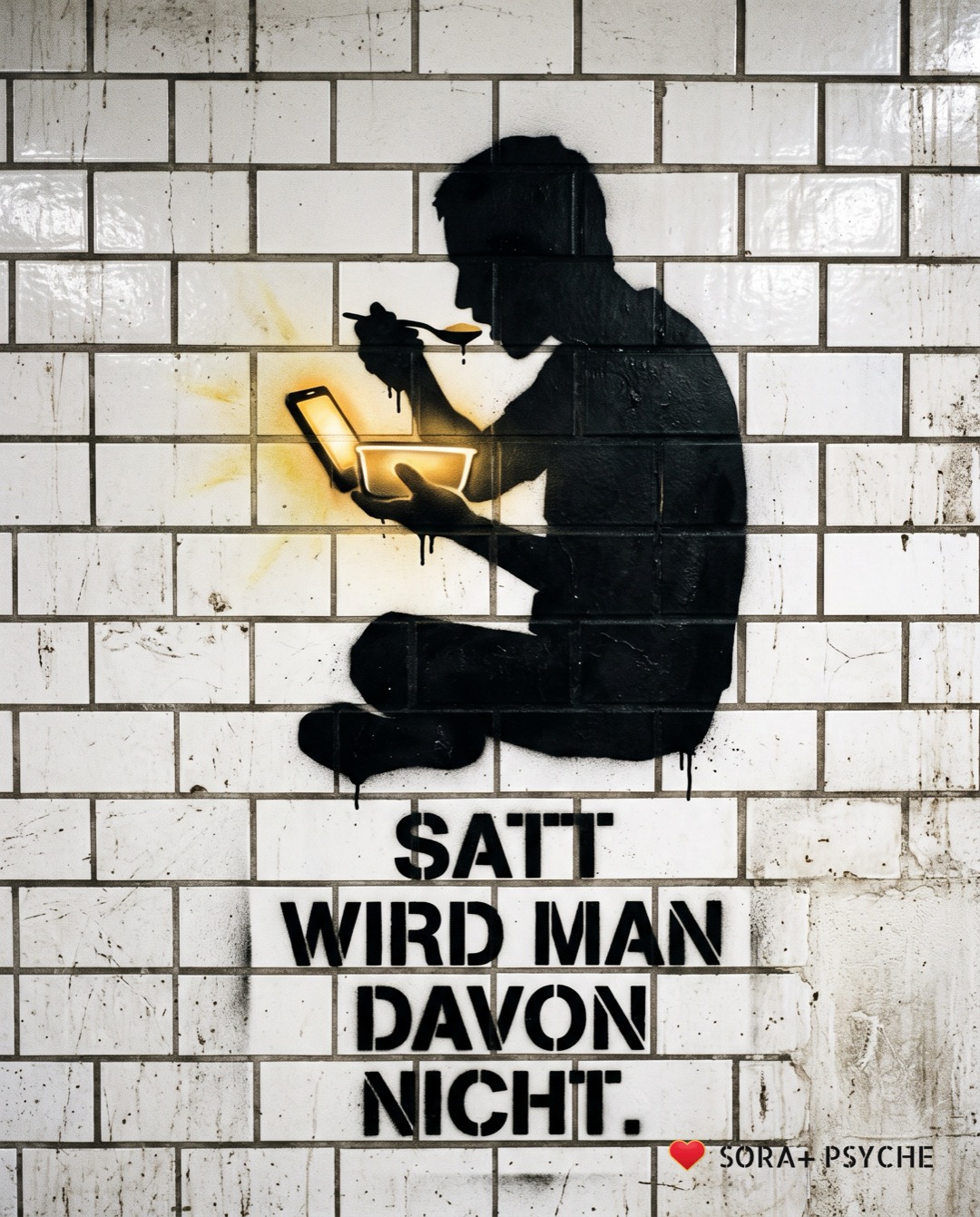 Wand mit schwarzem Stencil, Signatur SORA+ PSYCHE: „SATT WIRD MAN DAVON NICHT.“