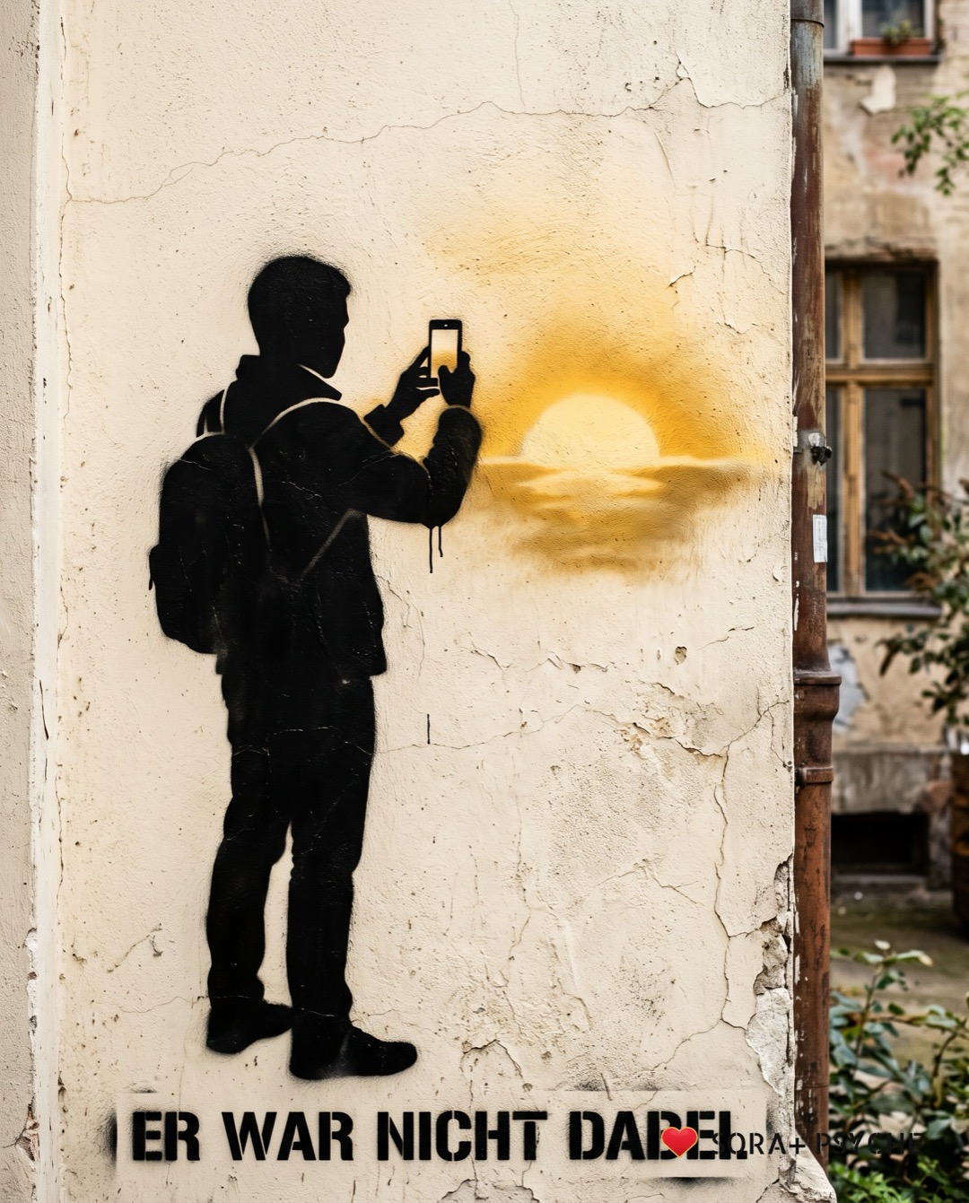 Wand mit schwarzem Stencil, Signatur SORA+ PSYCHE: „ER WAR NICHT DABEI.“