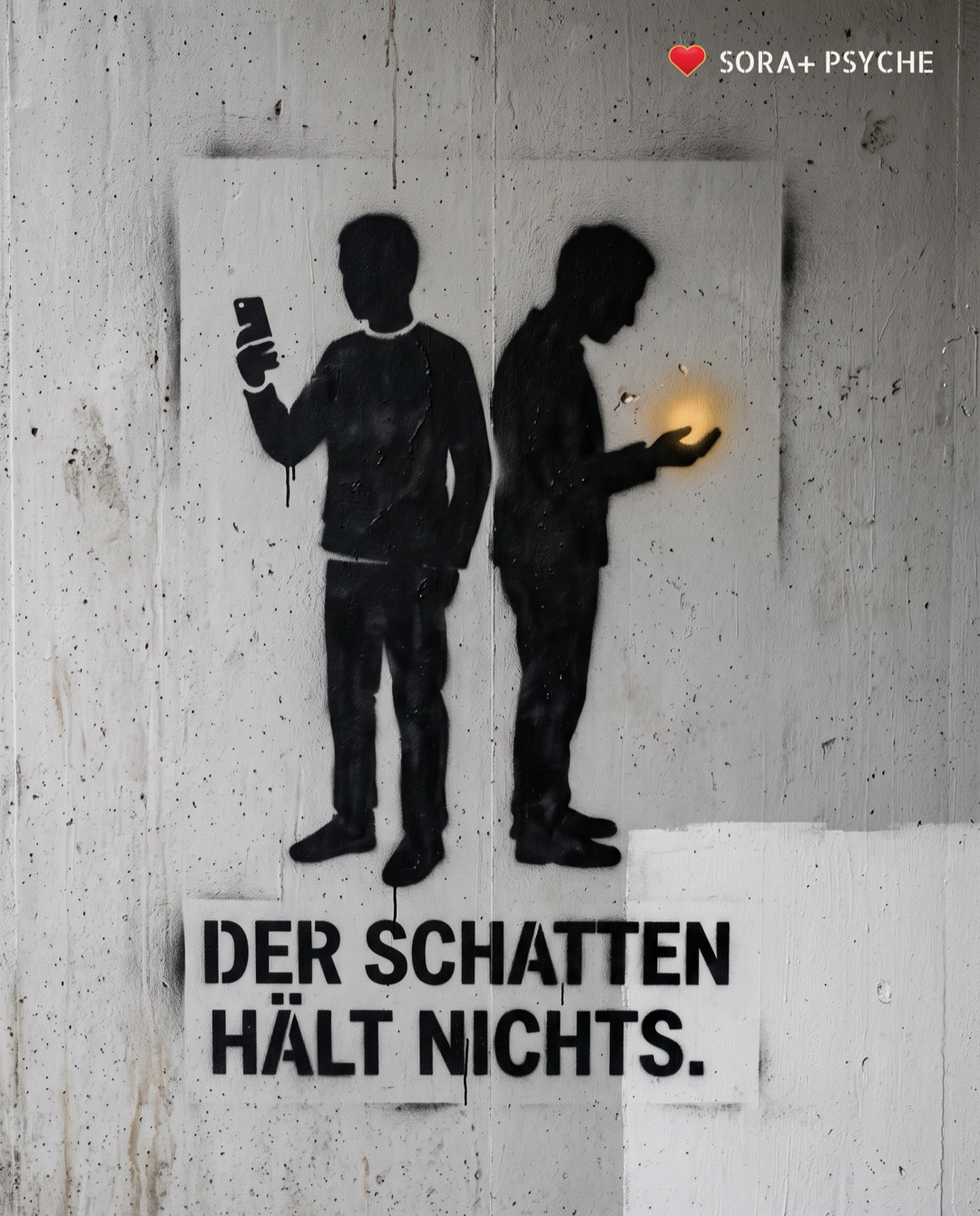Wand mit schwarzem Stencil, Signatur SORA+ PSYCHE: „DER SCHATTEN HÄLT NICHTS.“