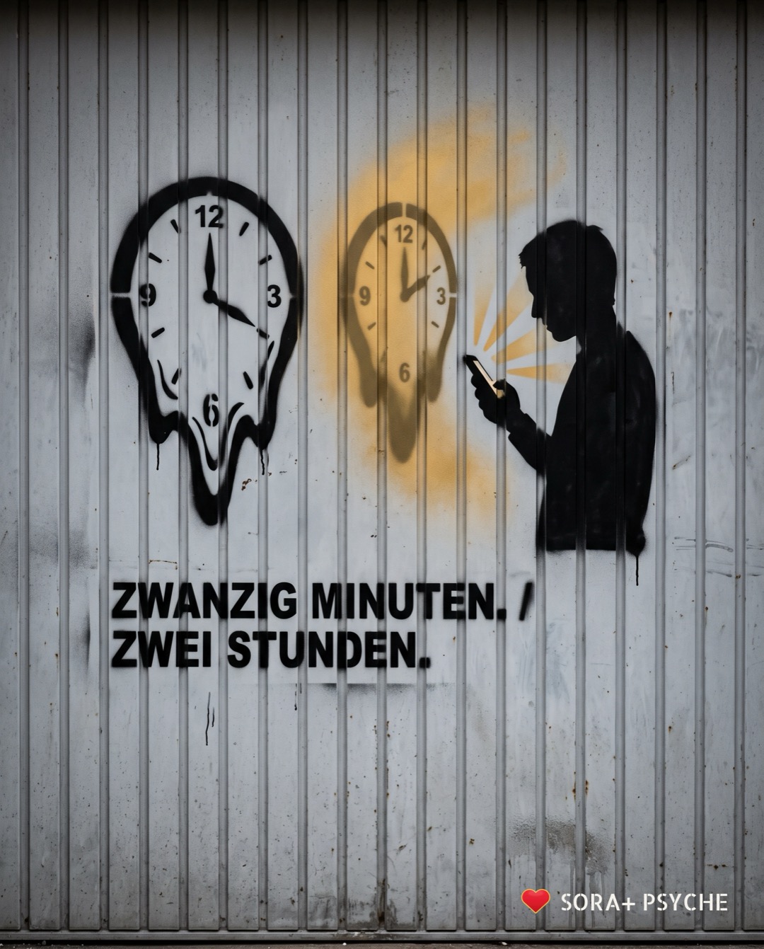 Wand mit schwarzem Stencil, Signatur SORA+ PSYCHE: „ZWANZIG MINUTEN. ZWEI STUNDEN.“