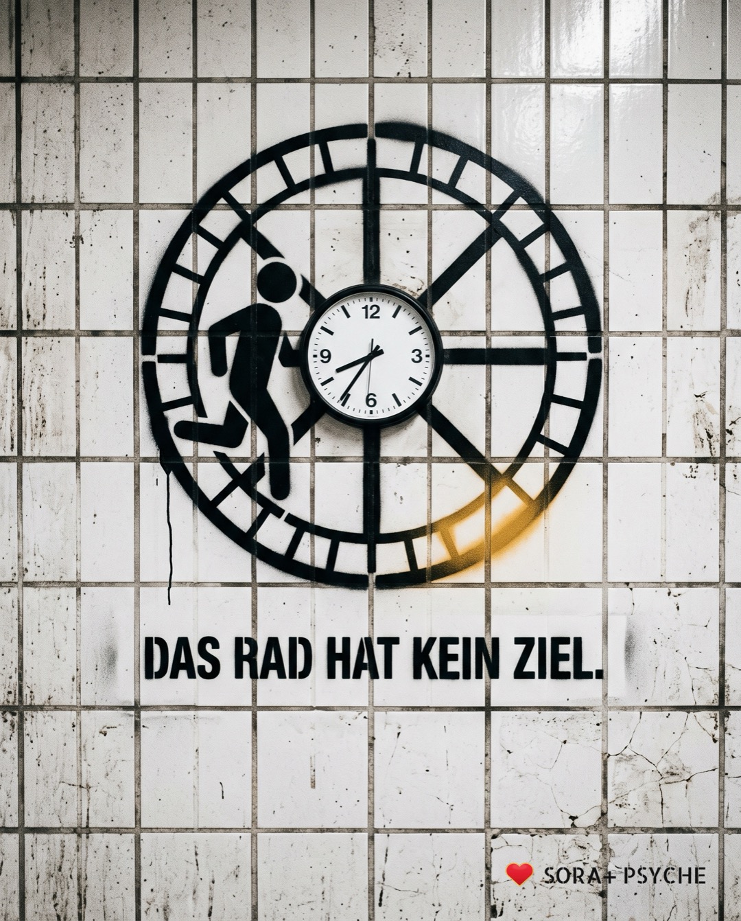 Wand mit schwarzem Stencil, Signatur SORA+ PSYCHE: „DAS RAD HAT KEIN ZIEL.“