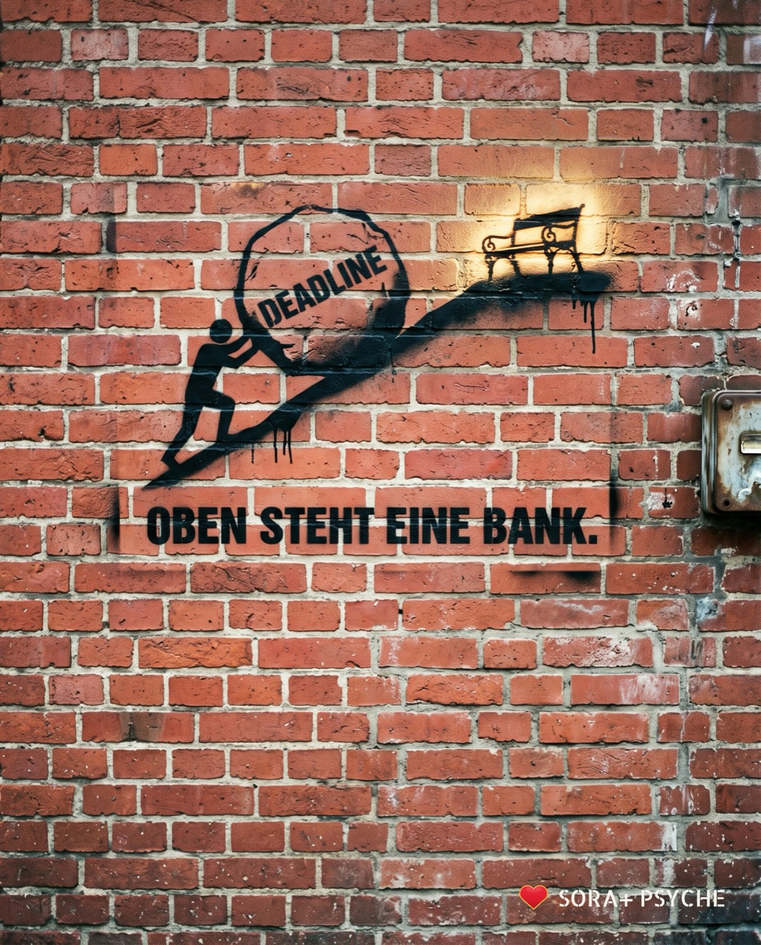 Wand mit schwarzem Stencil, Signatur SORA+ PSYCHE: „OBEN STEHT EINE BANK.“