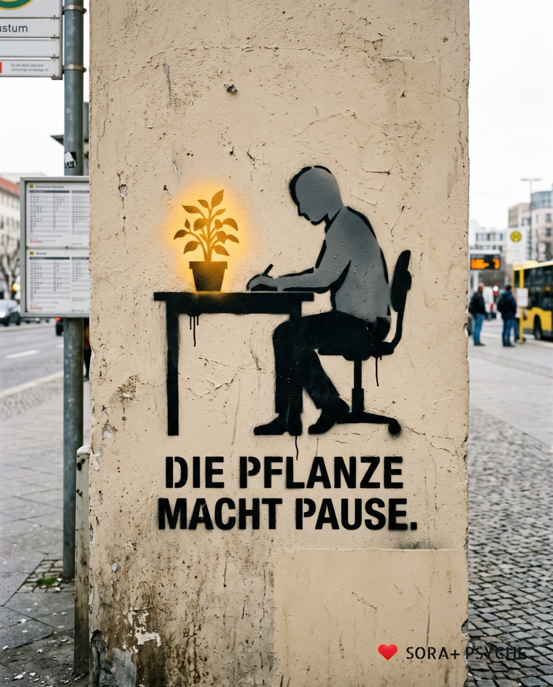 Wand mit schwarzem Stencil, Signatur SORA+ PSYCHE: „DIE PFLANZE MACHT PAUSE.“
