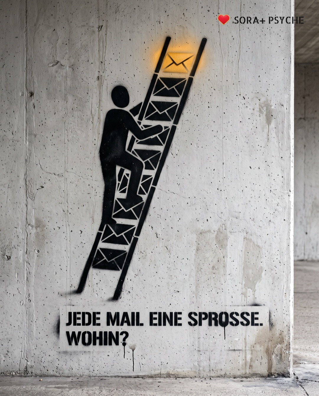 Wand mit schwarzem Stencil, Signatur SORA+ PSYCHE: „JEDE MAIL EINE SPROSSE. WOHIN?“
