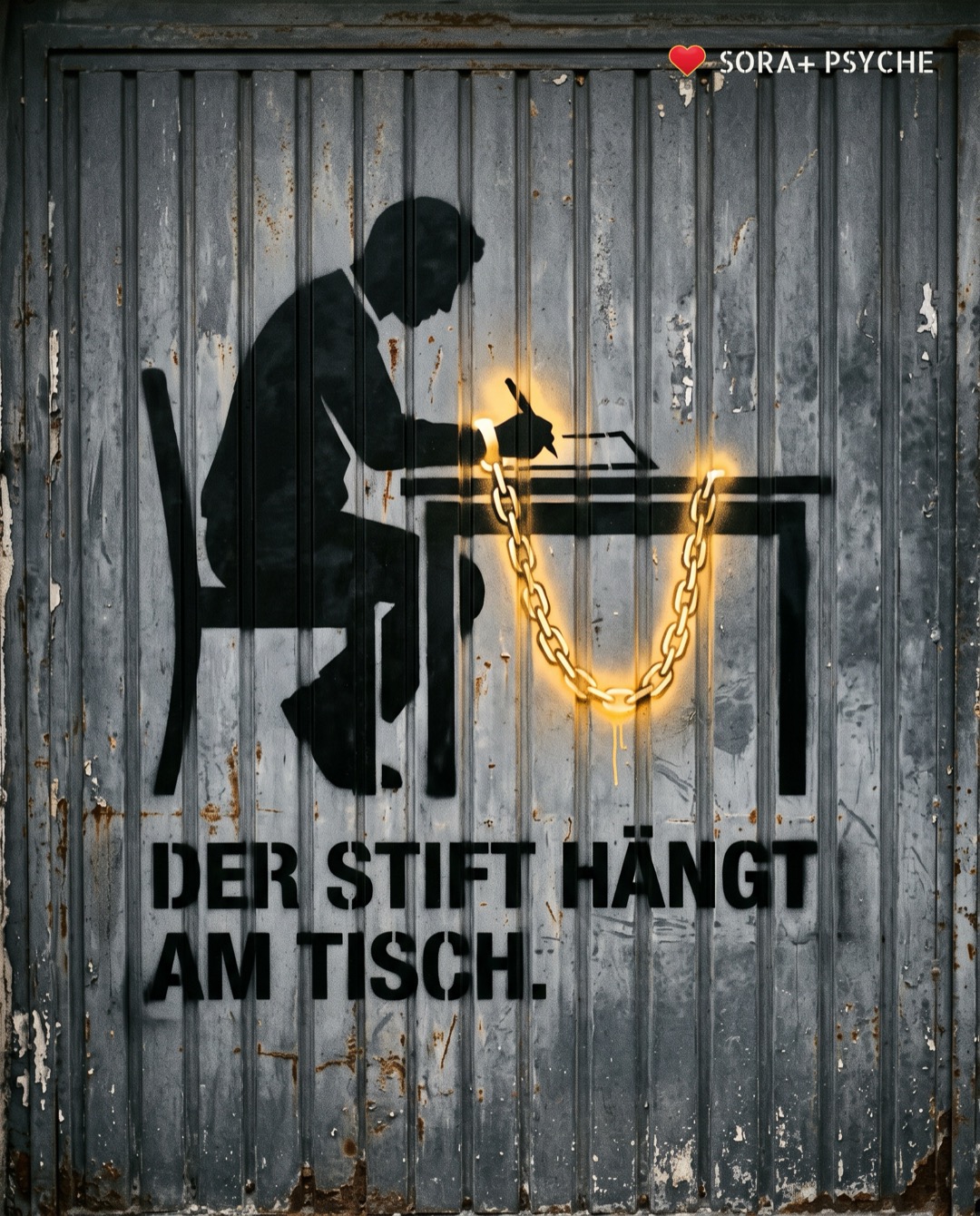 Wand mit schwarzem Stencil, Signatur SORA+ PSYCHE: „DER STIFT HÄNGT AM TISCH.“