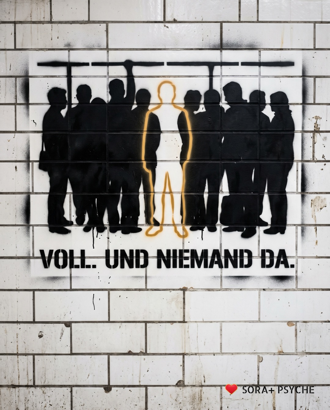 Wand mit schwarzem Stencil, Signatur SORA+ PSYCHE: „VOLL. UND NIEMAND DA.“