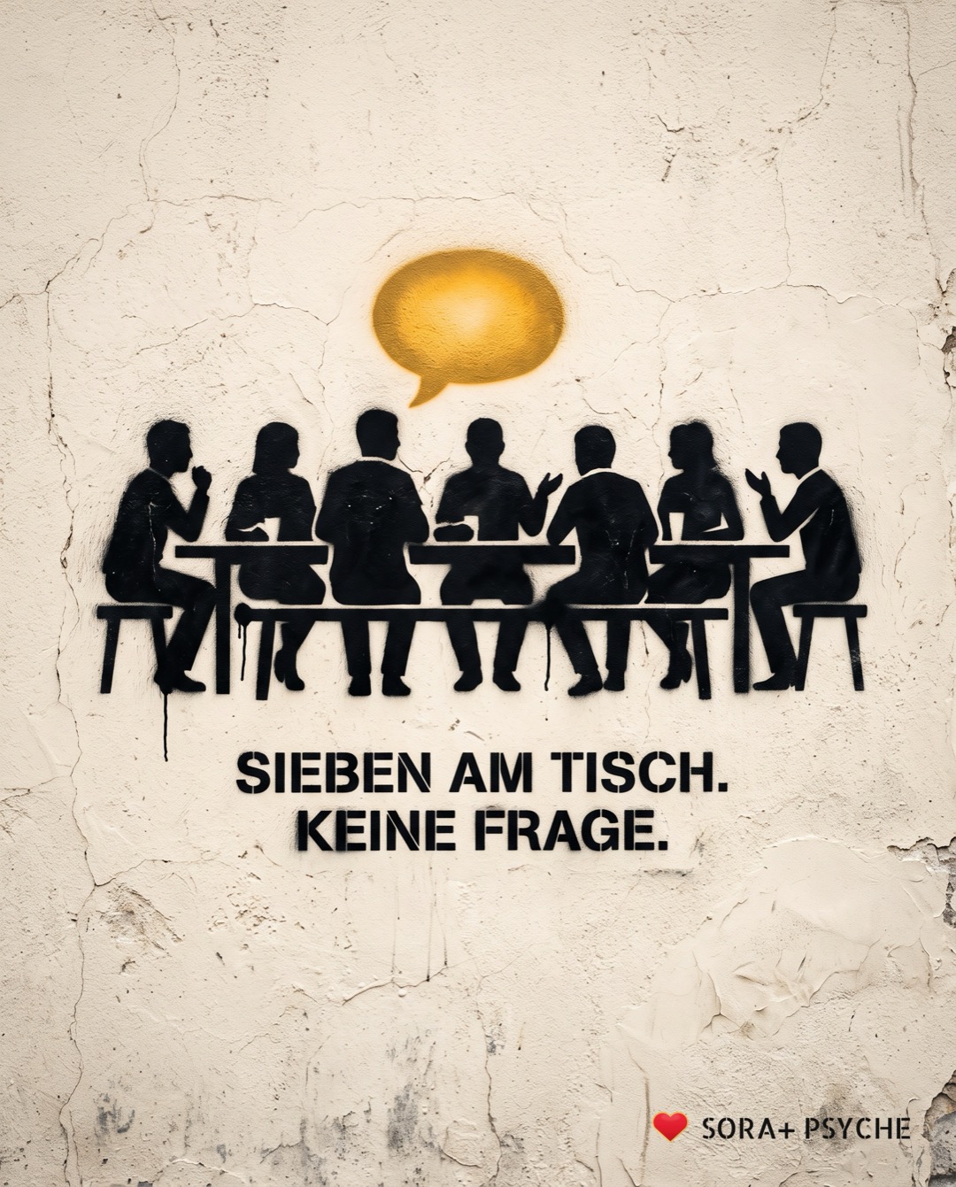 Wand mit schwarzem Stencil, Signatur SORA+ PSYCHE: „SIEBEN AM TISCH. KEINE FRAGE.“