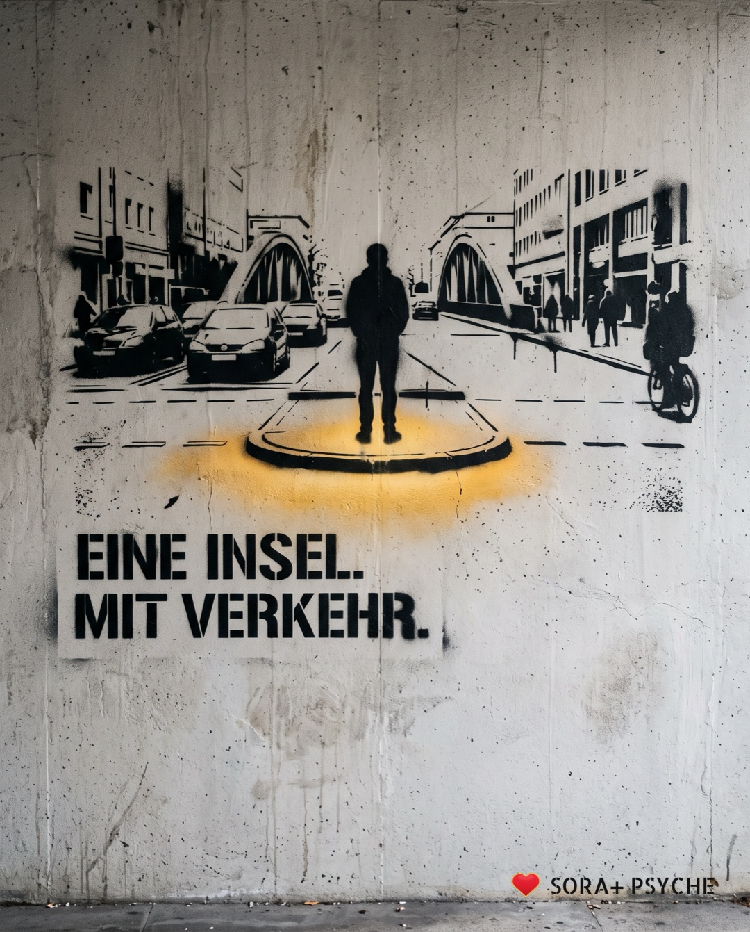 Wand mit schwarzem Stencil, Signatur SORA+ PSYCHE: „EINE INSEL. MIT VERKEHR.“