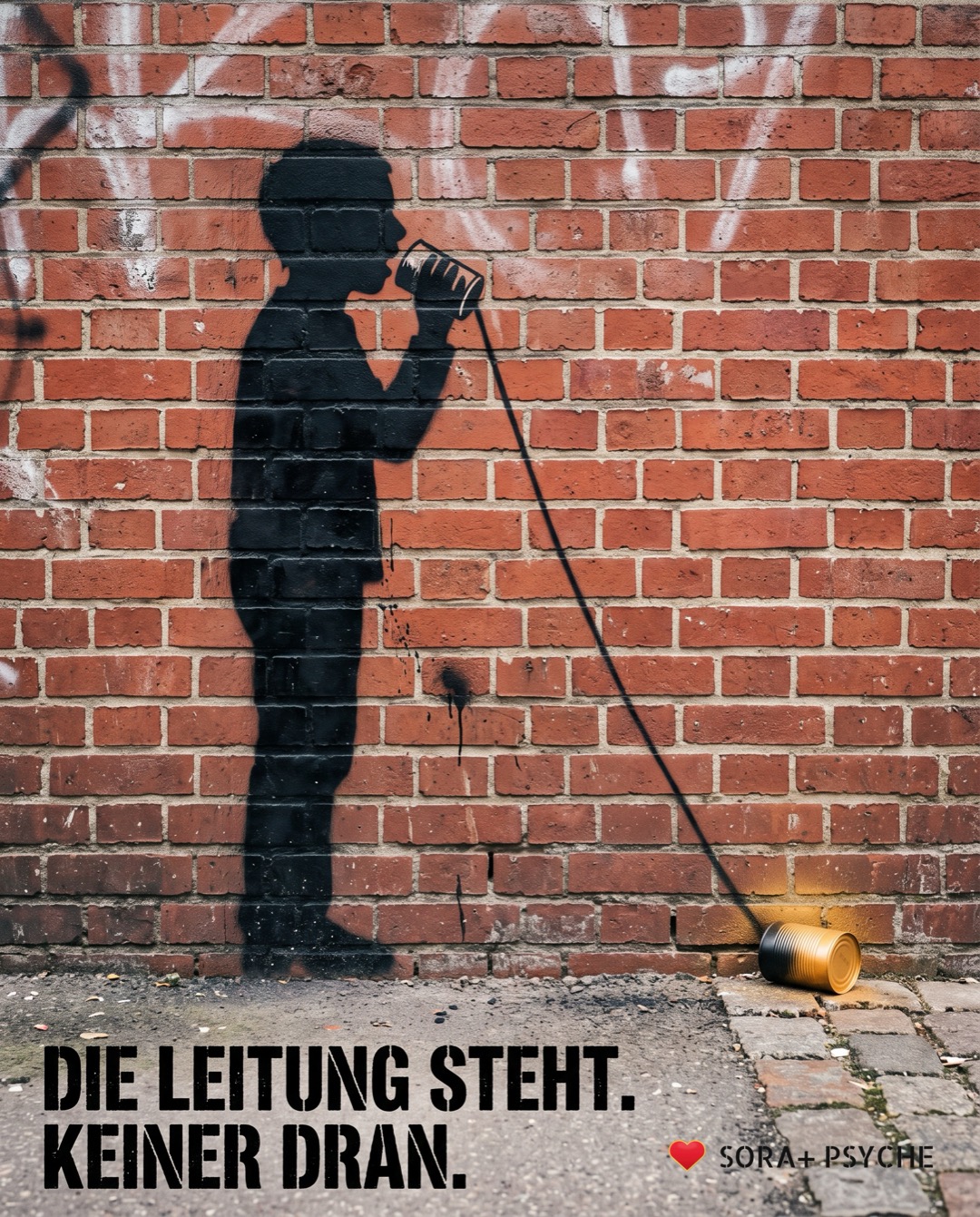 Wand mit schwarzem Stencil, Signatur SORA+ PSYCHE: „DIE LEITUNG STEHT. KEINER DRAN.“