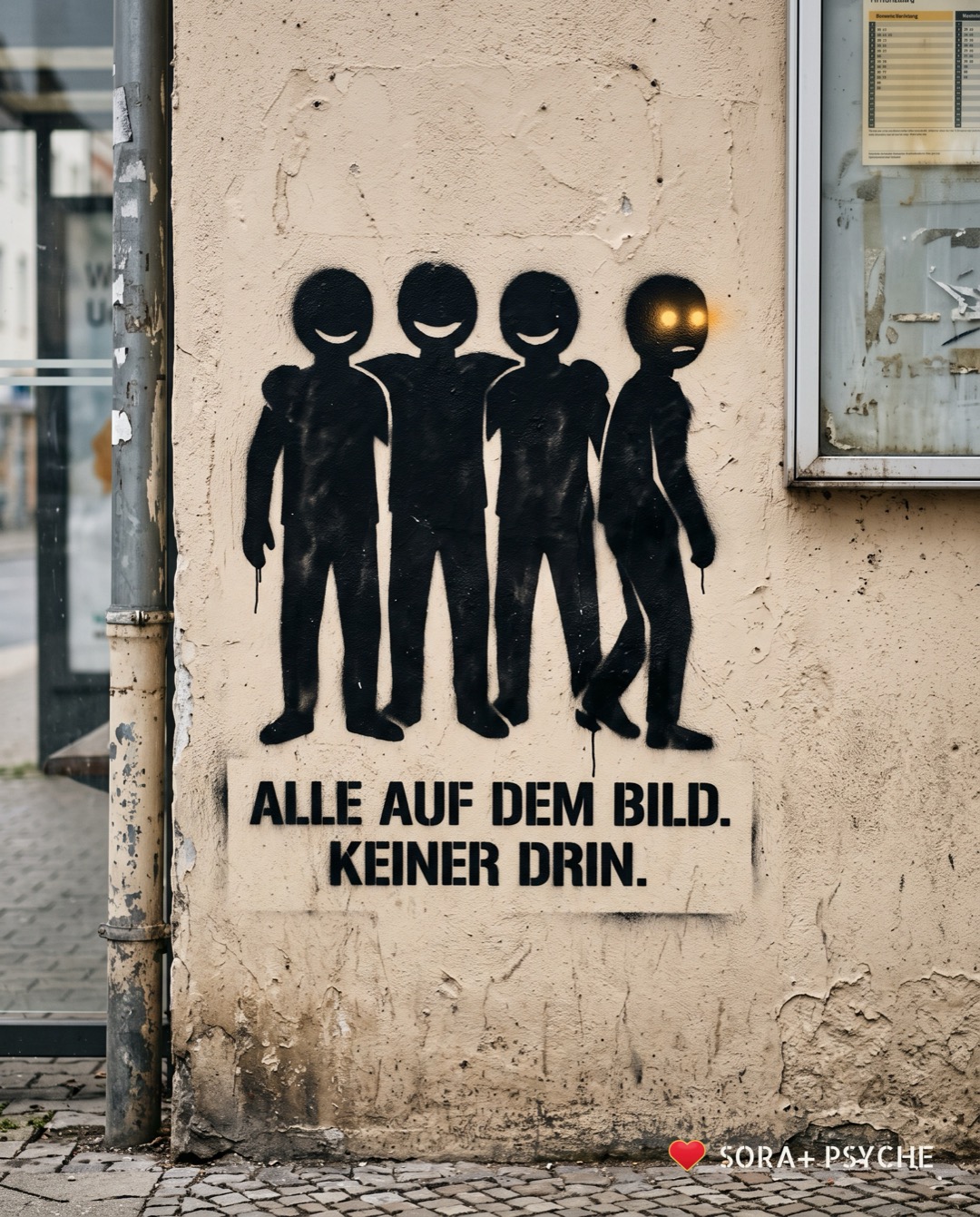 Wand mit schwarzem Stencil, Signatur SORA+ PSYCHE: „ALLE AUF DEM BILD. KEINER DRIN.“