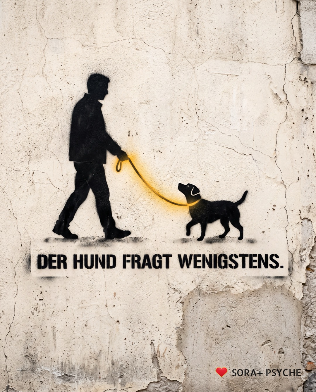 Wand mit schwarzem Stencil, Signatur SORA+ PSYCHE: „DER HUND FRAGT WENIGSTENS.“