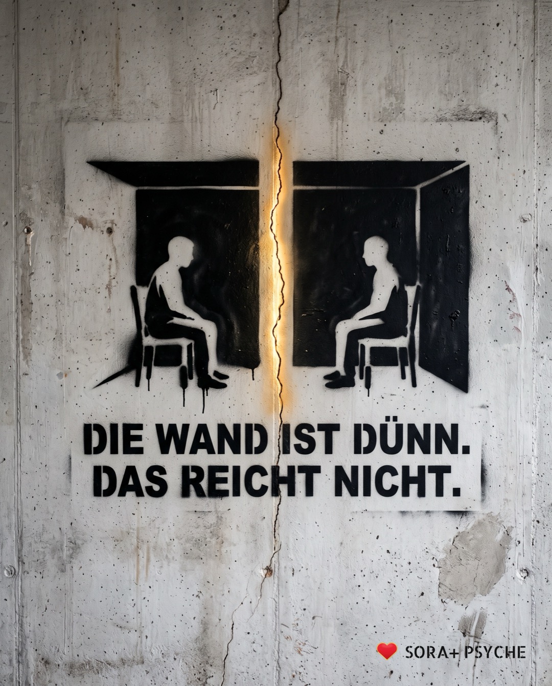 Wand mit schwarzem Stencil, Signatur SORA+ PSYCHE: „DIE WAND IST DÜNN. DAS REICHT NICHT.“