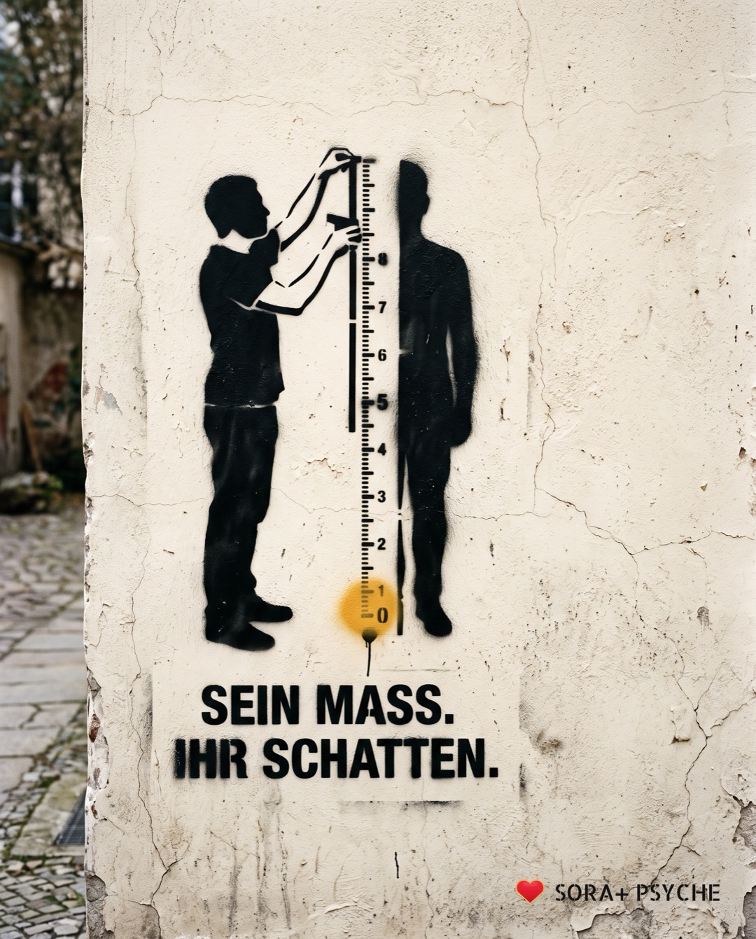 Wand mit schwarzem Stencil, Signatur SORA+ PSYCHE: „SEIN MASS. IHR SCHATTEN.“