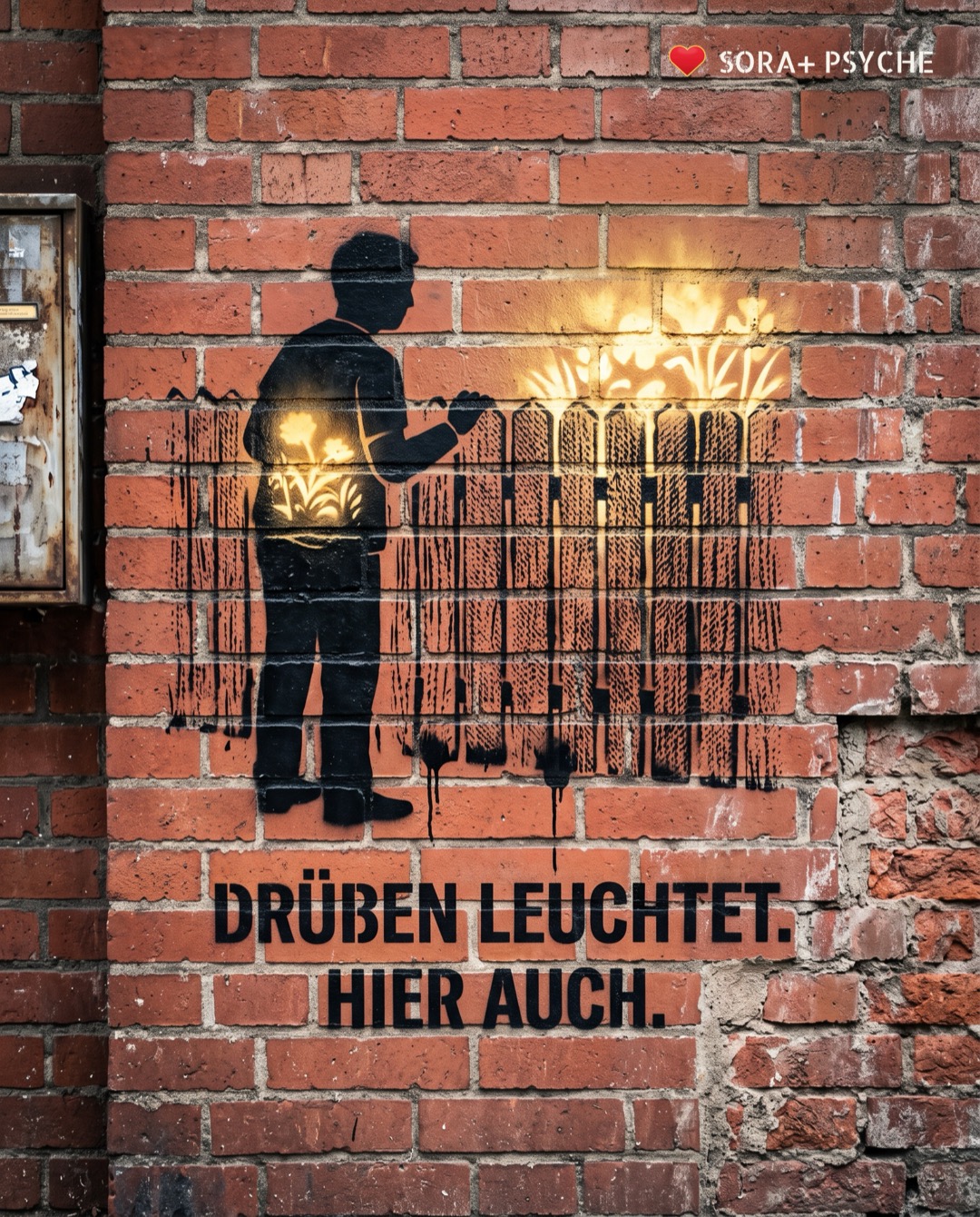 Wand mit schwarzem Stencil, Signatur SORA+ PSYCHE: „DRÜBEN LEUCHTET. HIER AUCH.“