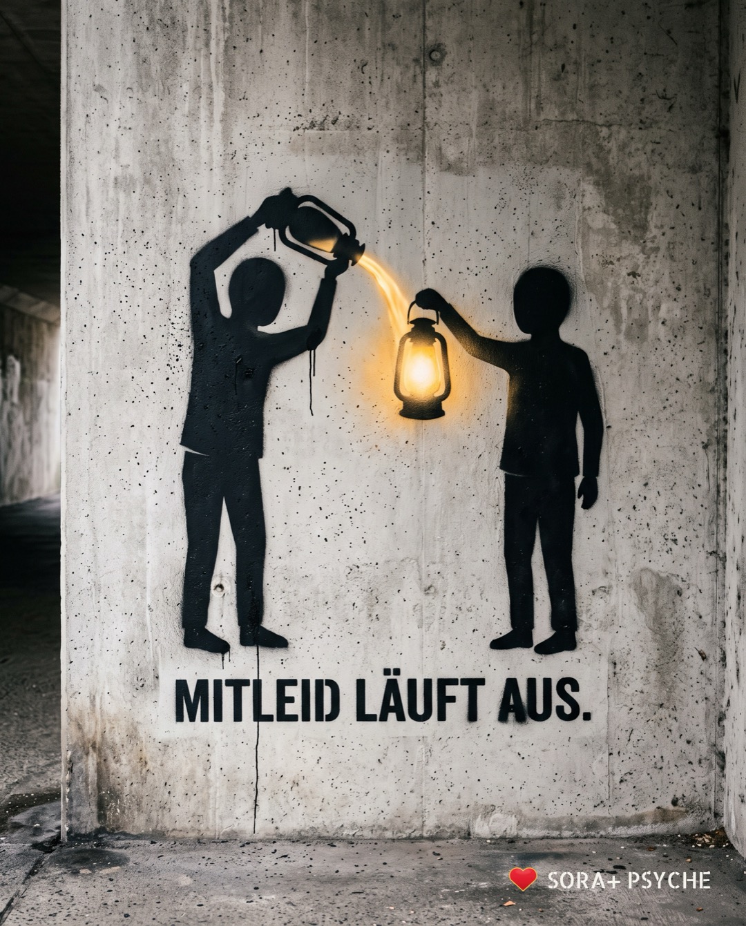 Wand mit schwarzem Stencil, Signatur SORA+ PSYCHE: „MITLEID LÄUFT AUS.“
