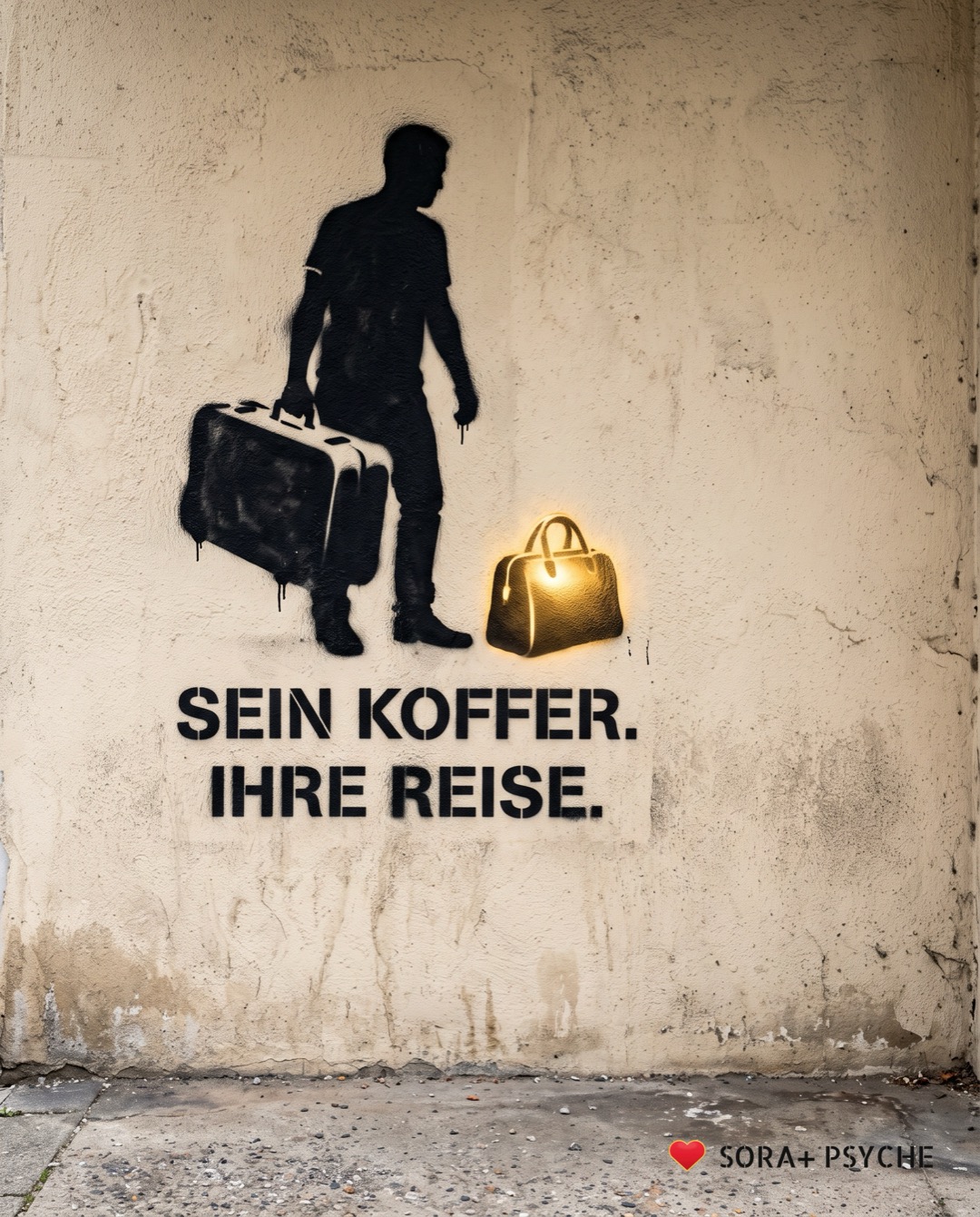 Wand mit schwarzem Stencil, Signatur SORA+ PSYCHE: „SEIN KOFFER. IHRE REISE.“