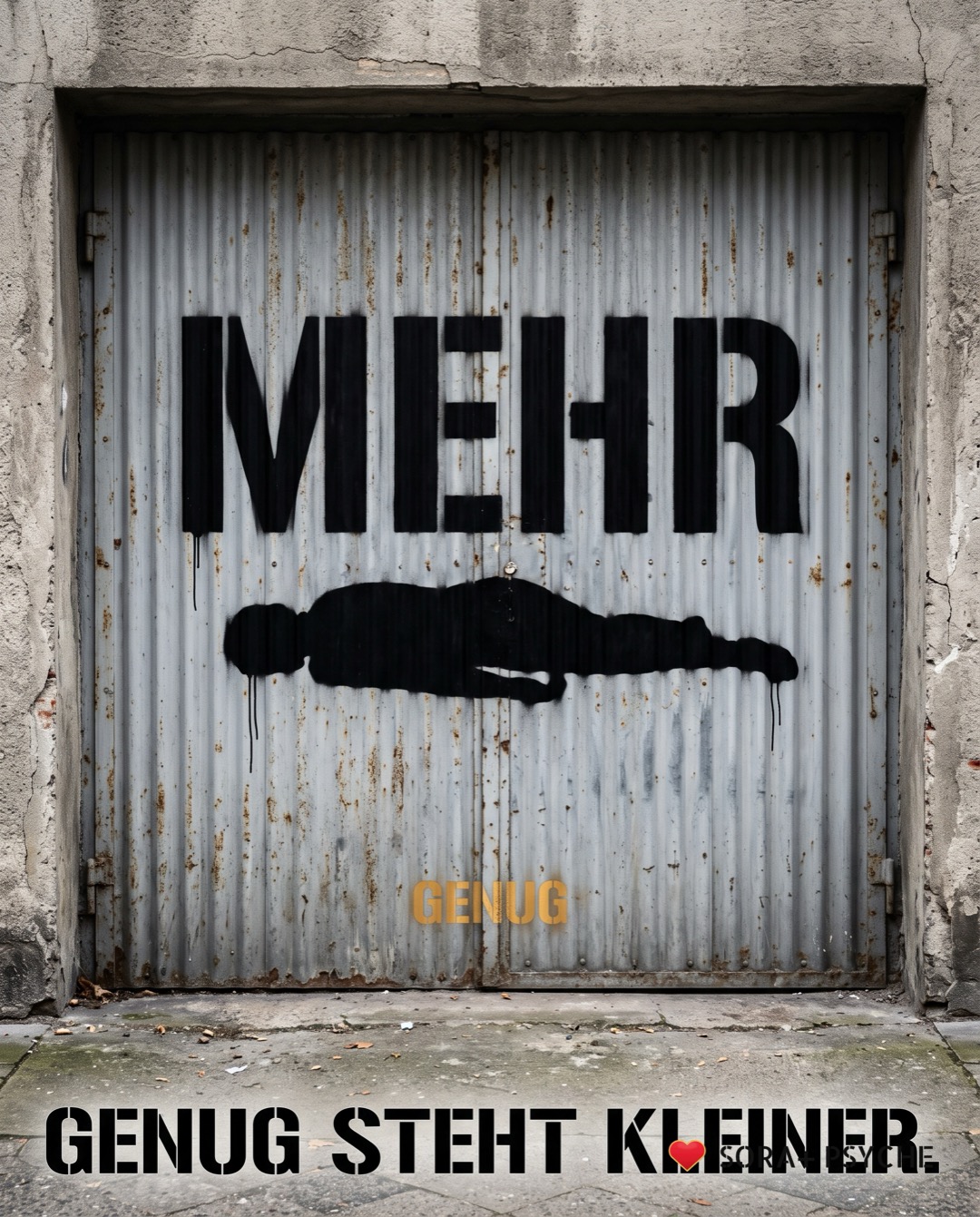 Wand mit schwarzem Stencil, Signatur SORA+ PSYCHE: „GENUG STEHT KLEINER.“