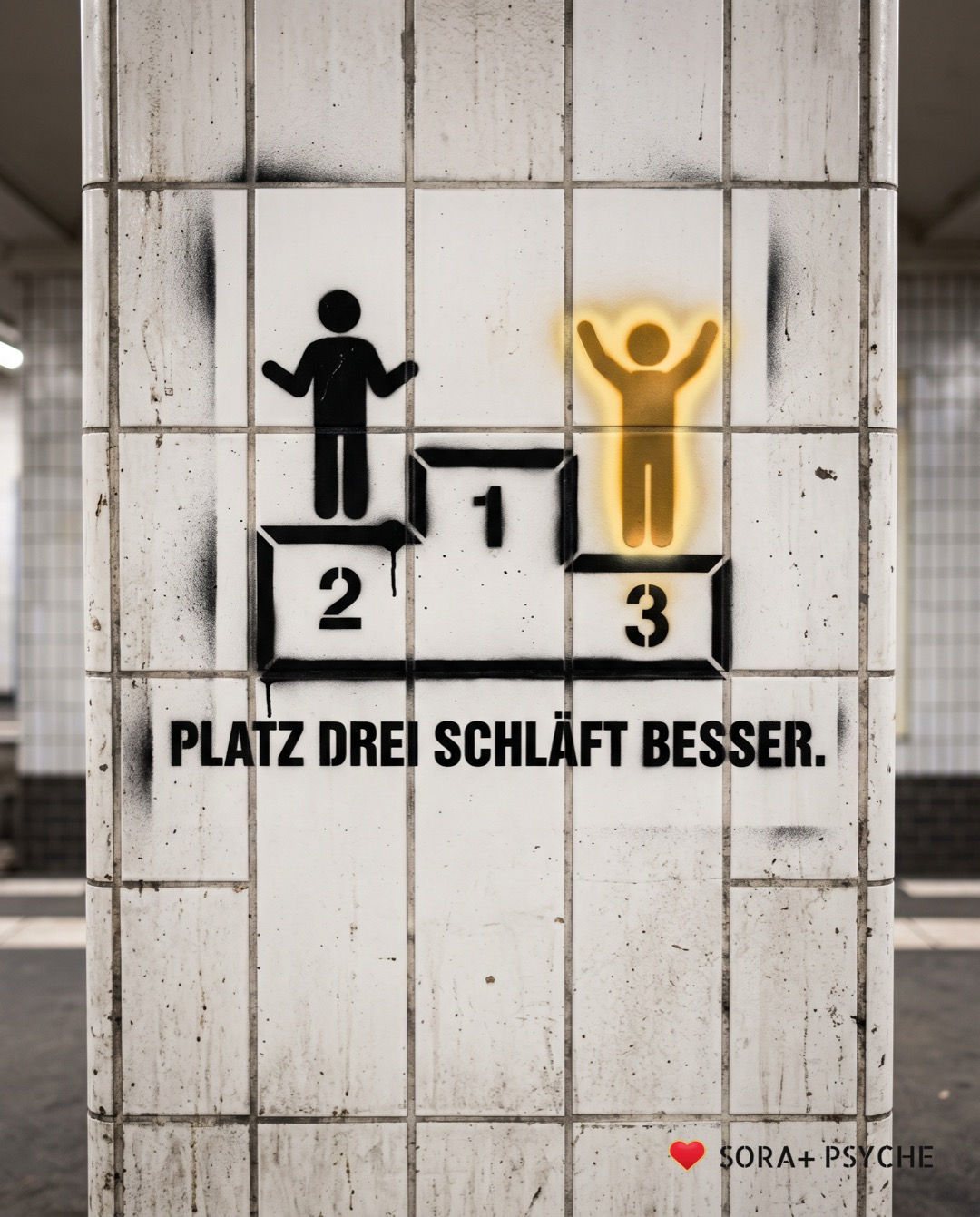 Wand mit schwarzem Stencil, Signatur SORA+ PSYCHE: „PLATZ DREI SCHLÄFT BESSER.“
