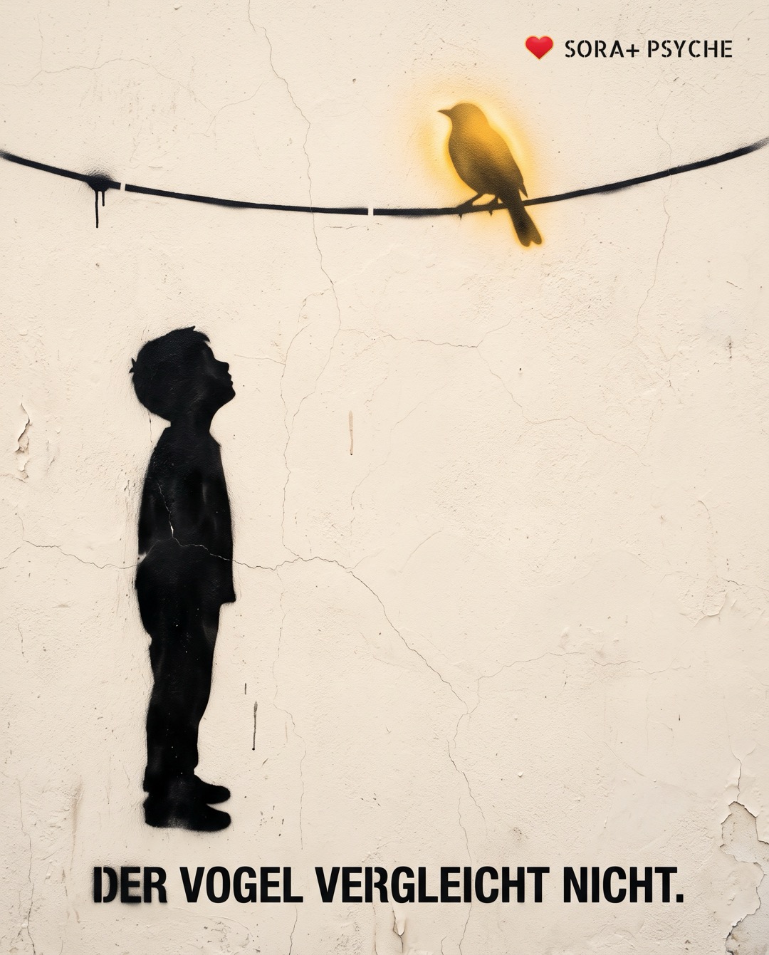 Wand mit schwarzem Stencil, Signatur SORA+ PSYCHE: „DER VOGEL VERGLEICHT NICHT.“