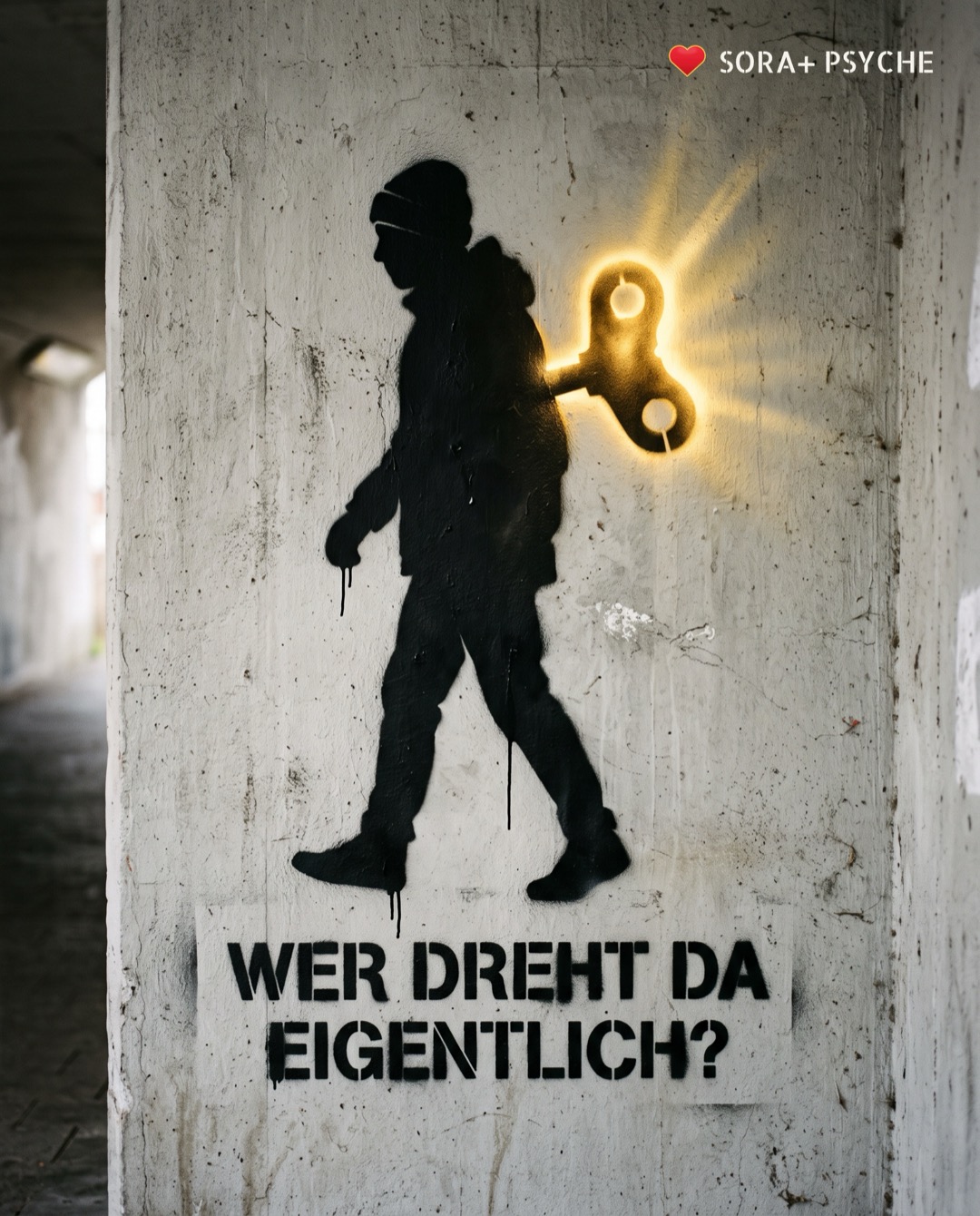 Wand mit schwarzem Stencil, Signatur SORA+ PSYCHE: „WER DREHT DA EIGENTLICH?“
