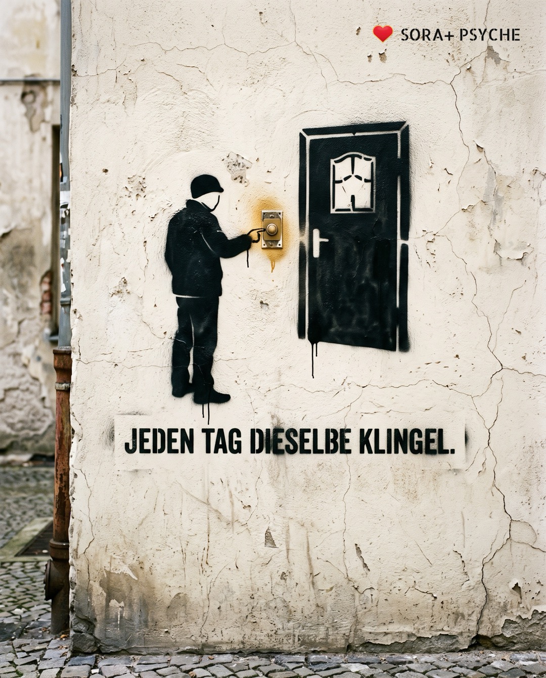 Wand mit schwarzem Stencil, Signatur SORA+ PSYCHE: „JEDEN TAG DIESELBE KLINGEL.“