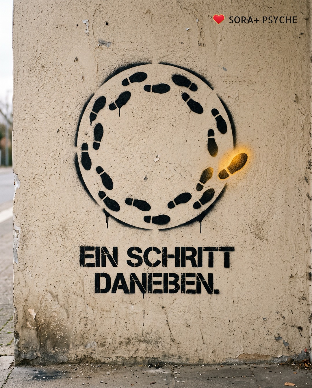 Wand mit schwarzem Stencil, Signatur SORA+ PSYCHE: „EIN SCHRITT DANEBEN.“