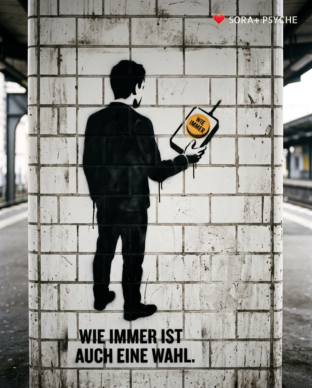 Wand mit schwarzem Stencil, Signatur SORA+ PSYCHE: „WIE IMMER IST AUCH EINE WAHL.“