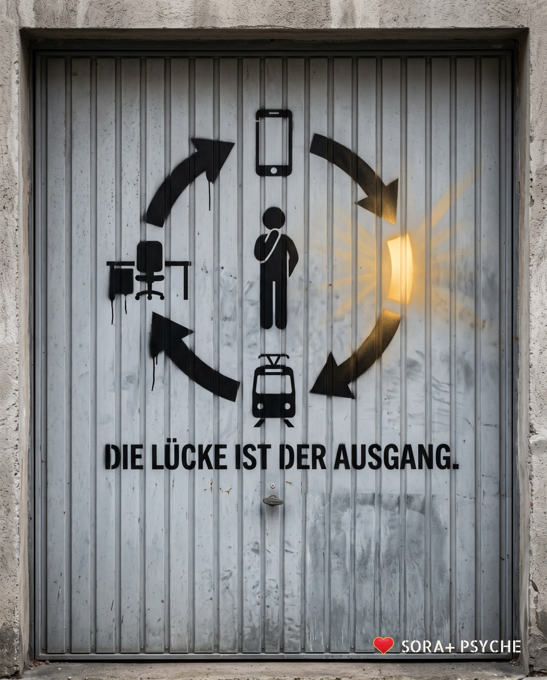 Wand mit schwarzem Stencil, Signatur SORA+ PSYCHE: „DIE LÜCKE IST DER AUSGANG.“
