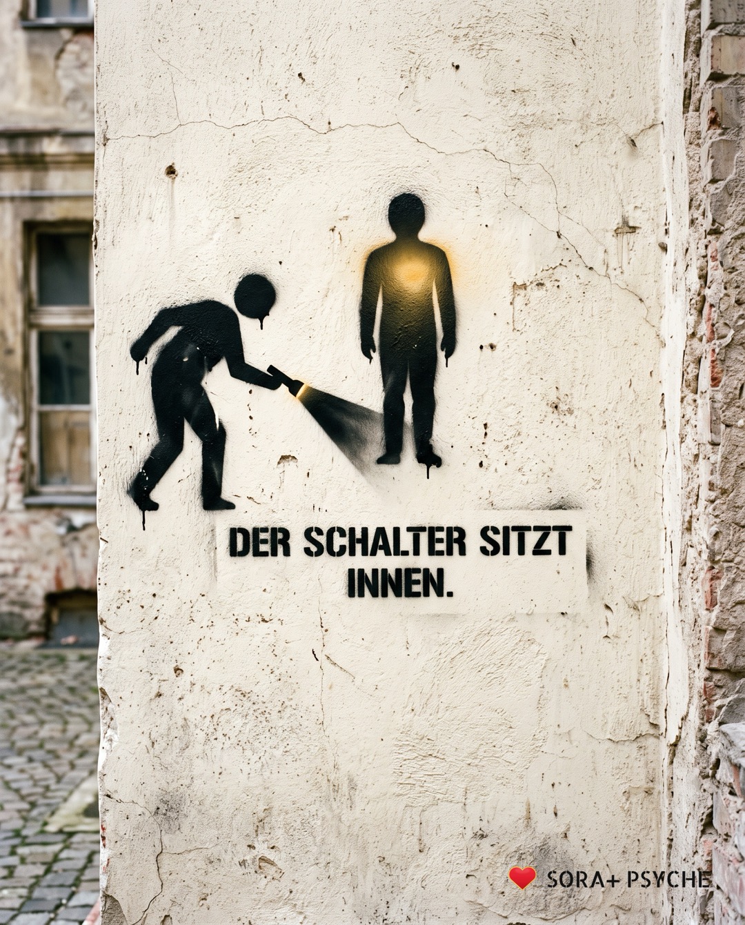 Wand mit schwarzem Stencil, Signatur SORA+ PSYCHE: „DER SCHALTER SITZT INNEN.“