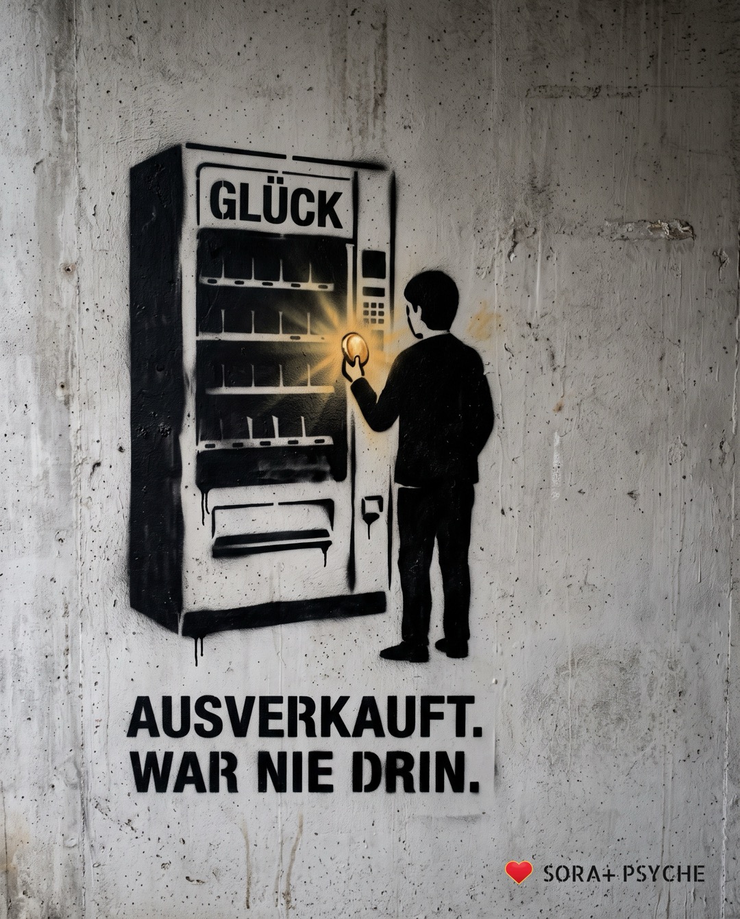 Wand mit schwarzem Stencil, Signatur SORA+ PSYCHE: „AUSVERKAUFT. WAR NIE DRIN.“
