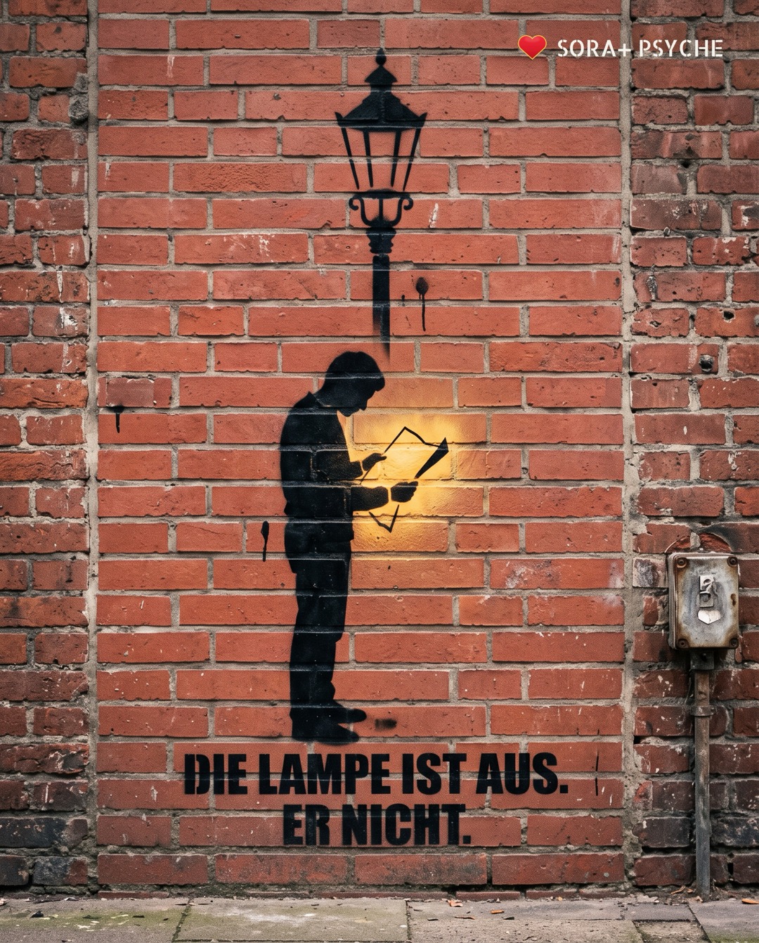 Wand mit schwarzem Stencil, Signatur SORA+ PSYCHE: „DIE LAMPE IST AUS. ER NICHT.“
