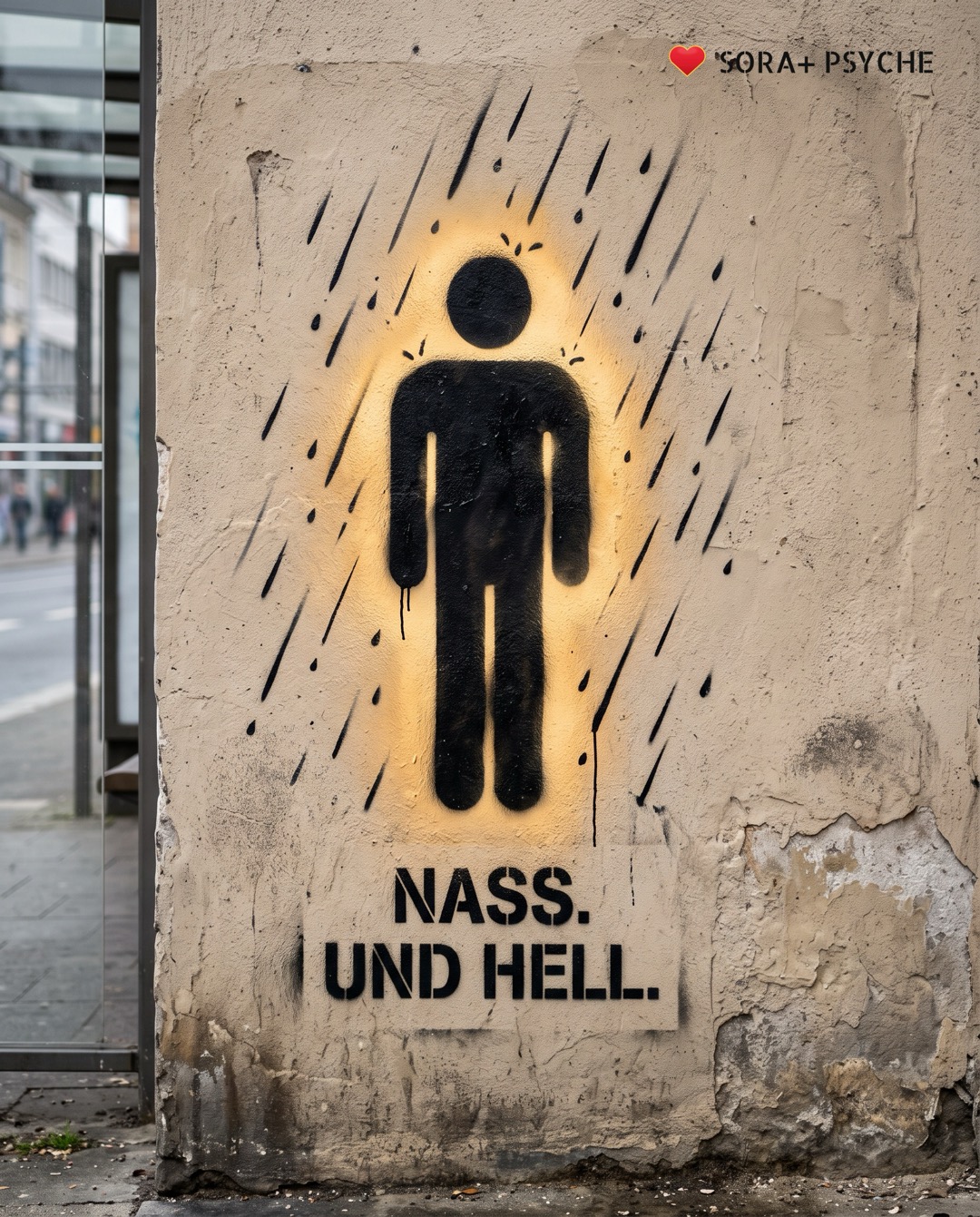 Wand mit schwarzem Stencil, Signatur SORA+ PSYCHE: „NASS. UND HELL.“