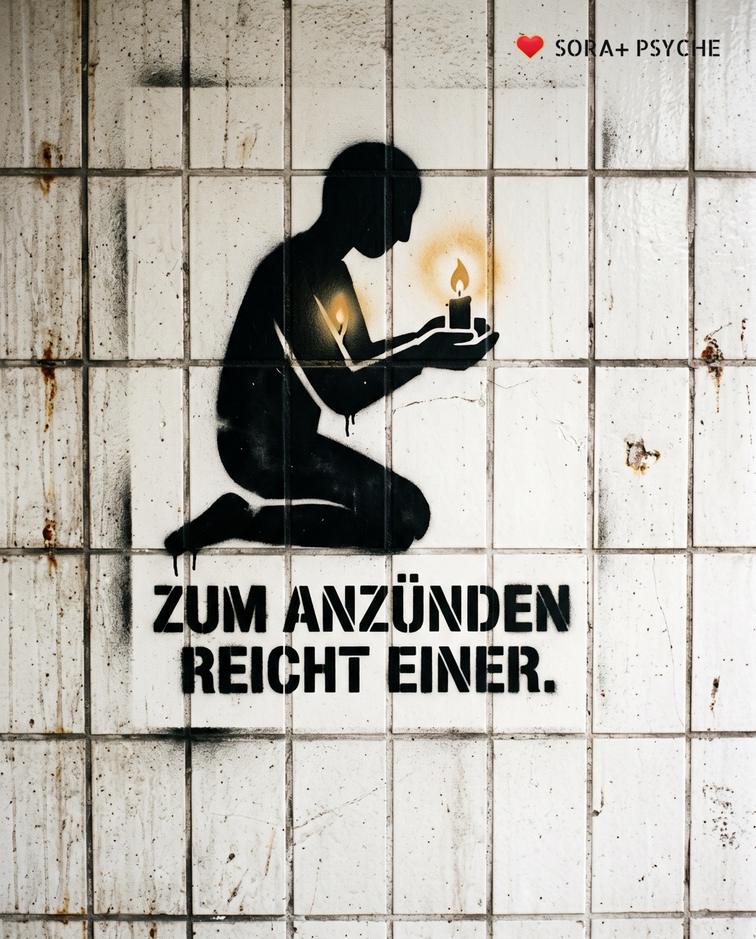Wand mit schwarzem Stencil, Signatur SORA+ PSYCHE: „ZUM ANZÜNDEN REICHT EINER.“